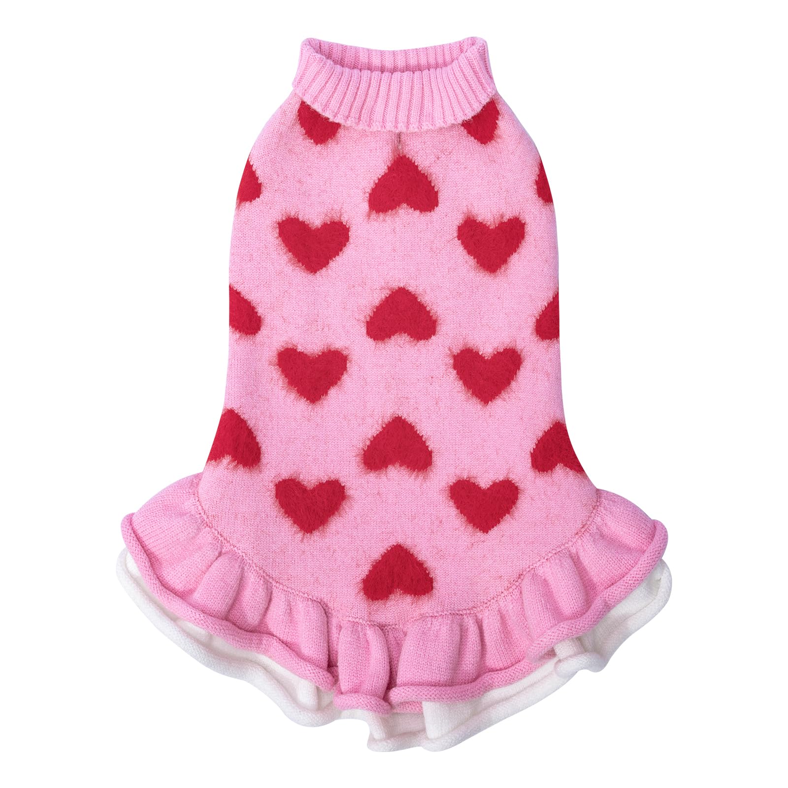 Cutebone Fancy Pink Dog Sweater Dress, Soft And Stretchy Dog Clothes For Small Dogs Girl, Pink Heart Puppy Sweater Pullover Ruff