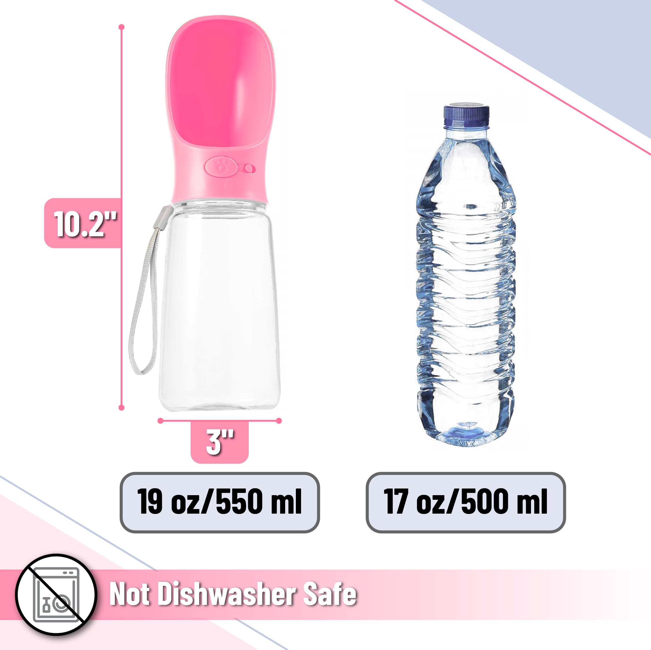 Mr. Pen- Dog Water Bottle, 19 oz, Large, Pink, Portable Dog Water Bottle Dispenser, Dog Travel Water Bottle, Travel Dog Water Bo