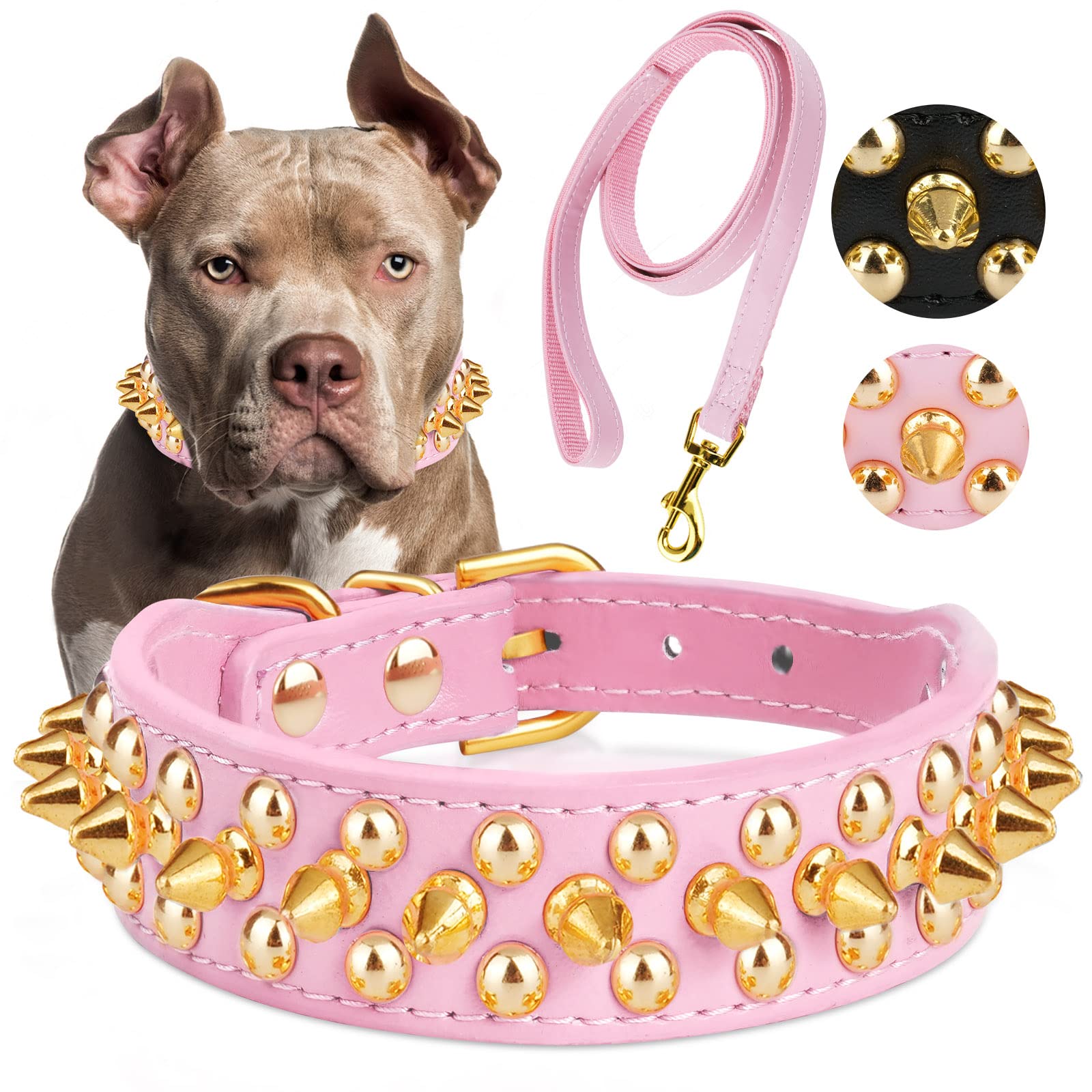 Epesiri Golden Spike Collar For Dogs, Gold Spiked Dog Collar, Durable Pu Leather Studded Dog Collar With Leash, Funny Mushrooms Rivet Small Puppy Pet Cat Adjustable Collar, Pink L