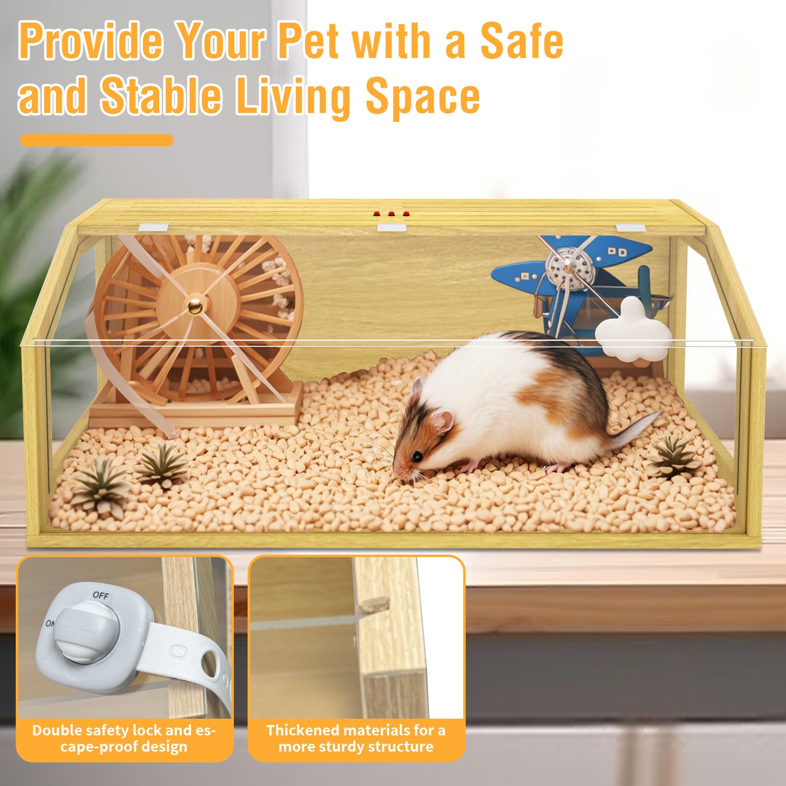 Large Hamster Cage, Chewproof Large Hamster Habitats, Wooden Guinea Pig Cages, Openable Top Roof, Lockable Gerbil Cage, Small An