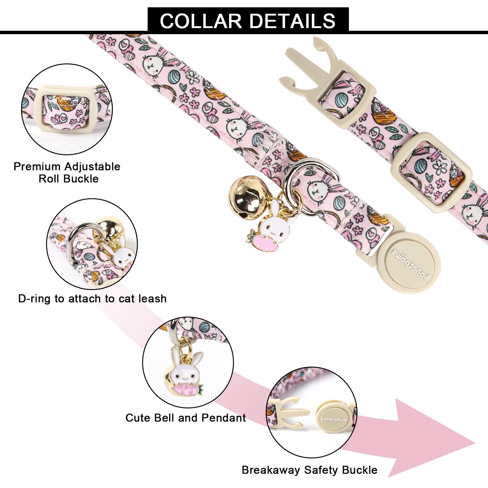 Lionet Paws 2Pcs Pack Easter Cotton Cat Collar,Breakaway Buckle With Rabbit And Floral Eggs Cute Adjustable Green Cat Kitten Col