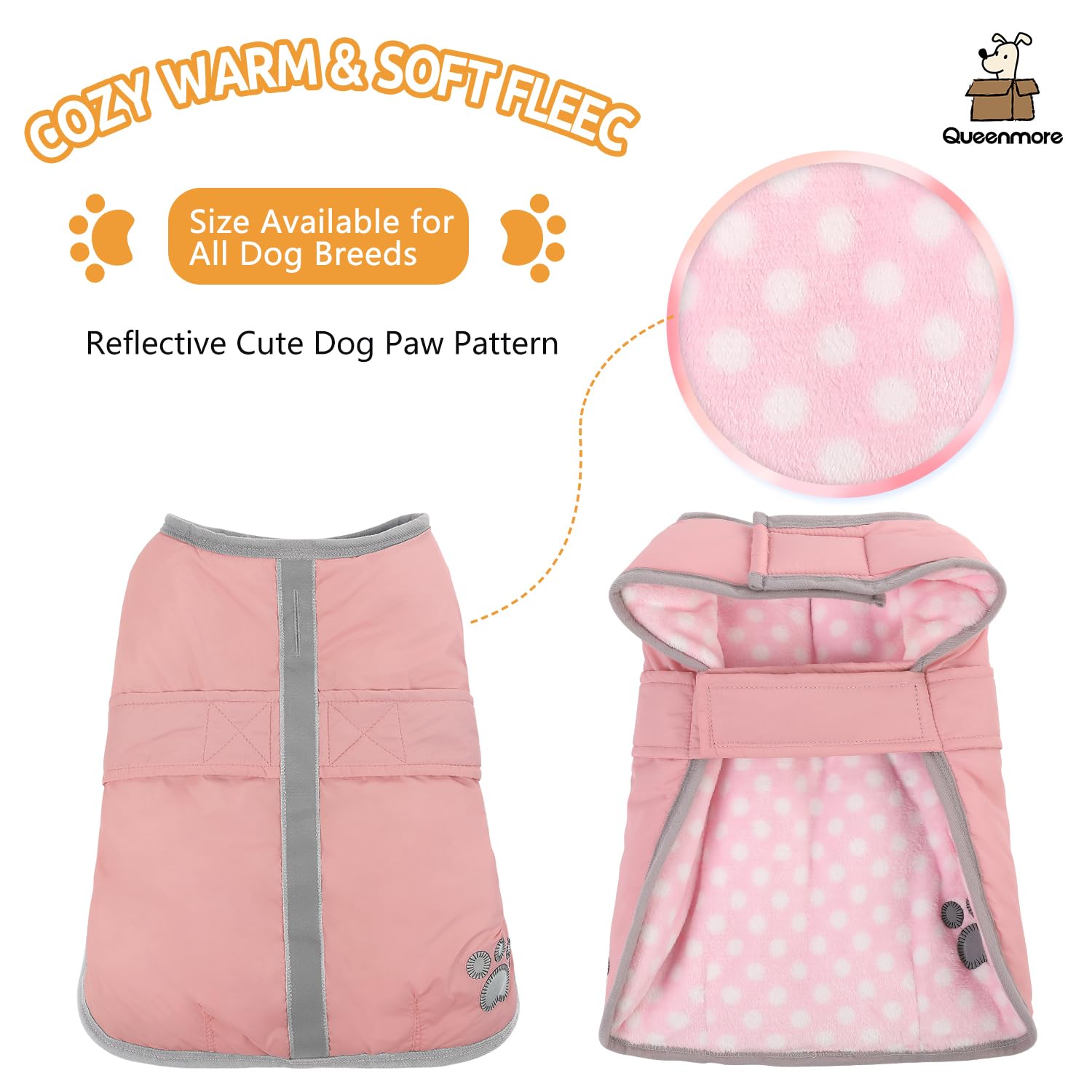 Queenmore Dog Winter Coat, Fleece Puffer Dog Down Vest, Cold Weather Pet Jacket For Dogs, Waterproof Reflective Reversible Dog S