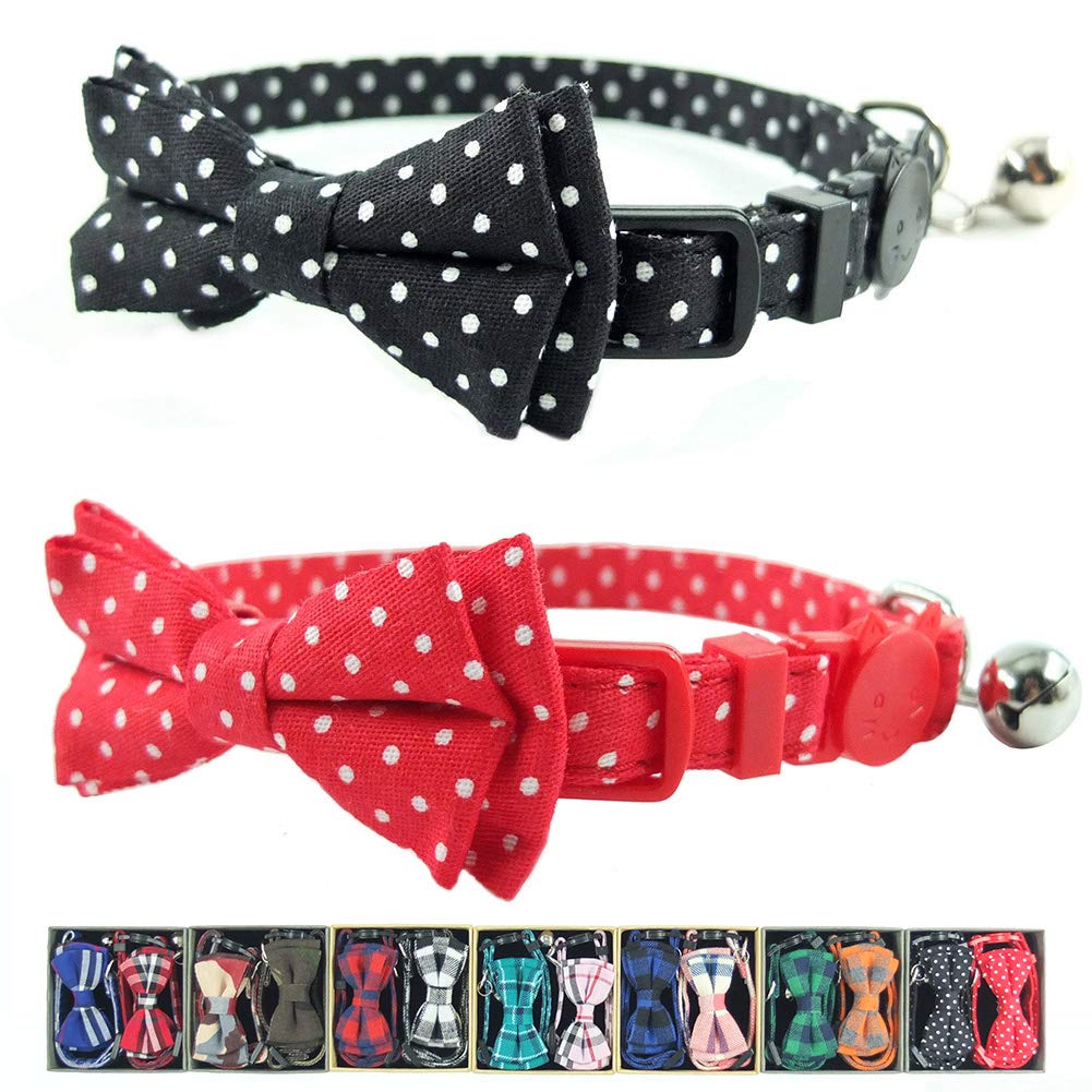 Cat Collar with Bell and Bow Tie, Breakaway Clasp Cute Dots Kitty Kitten Collar Set of 2 PCS(6.8-10.8in) (Black&Red Dots)
