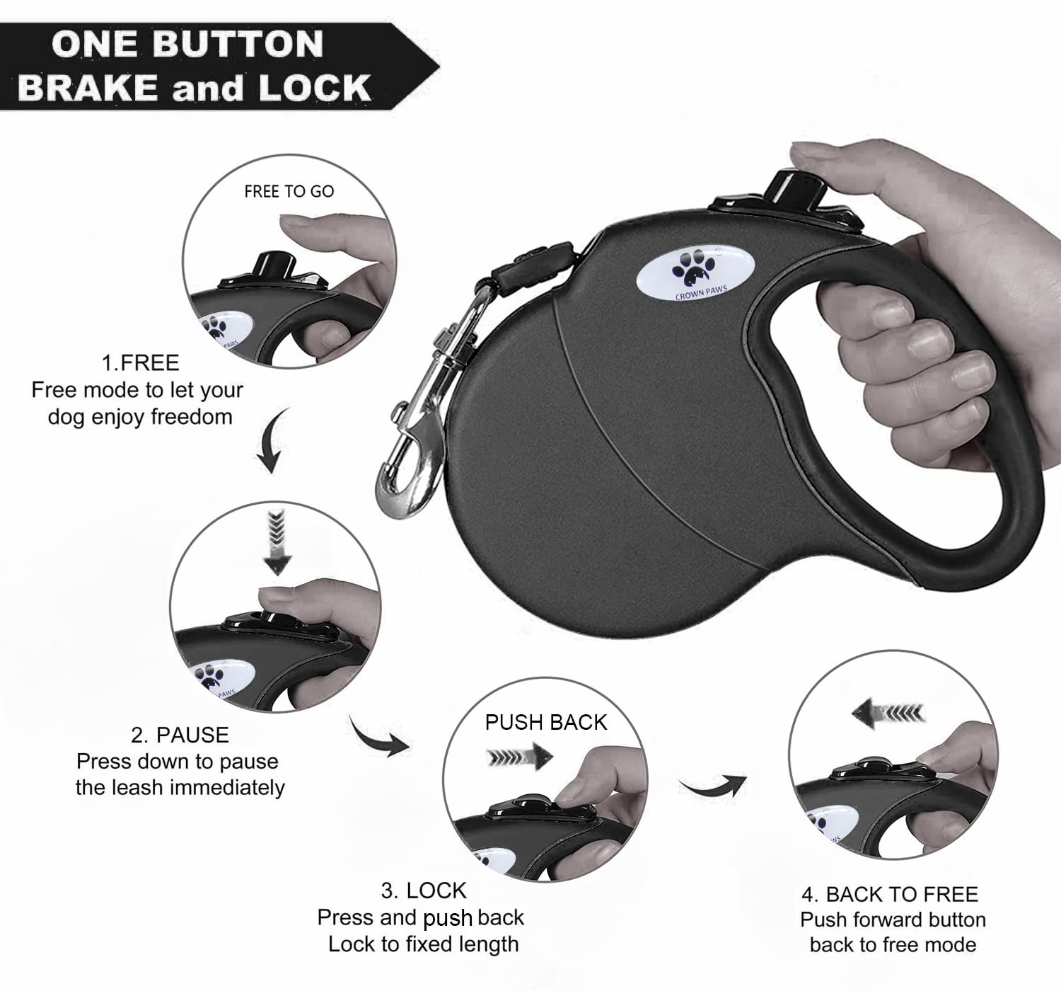 Crown Paws 16Ft Retractable Dog Leash For Large Breed Dogs Up To 110 Lbs With A Detachable Chew Proof Extender Wire Ropes (Black L)