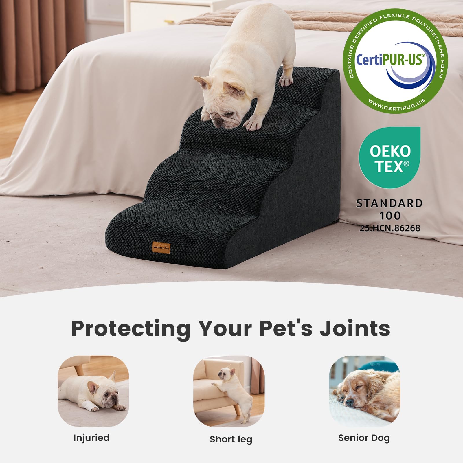 Gardner Pet Dog Stairs for Small Dogs 19.7 H, 4-Step Black Curved Pet Stairs, Dog Steps for High Bed (18-24 in), Couch with Dura