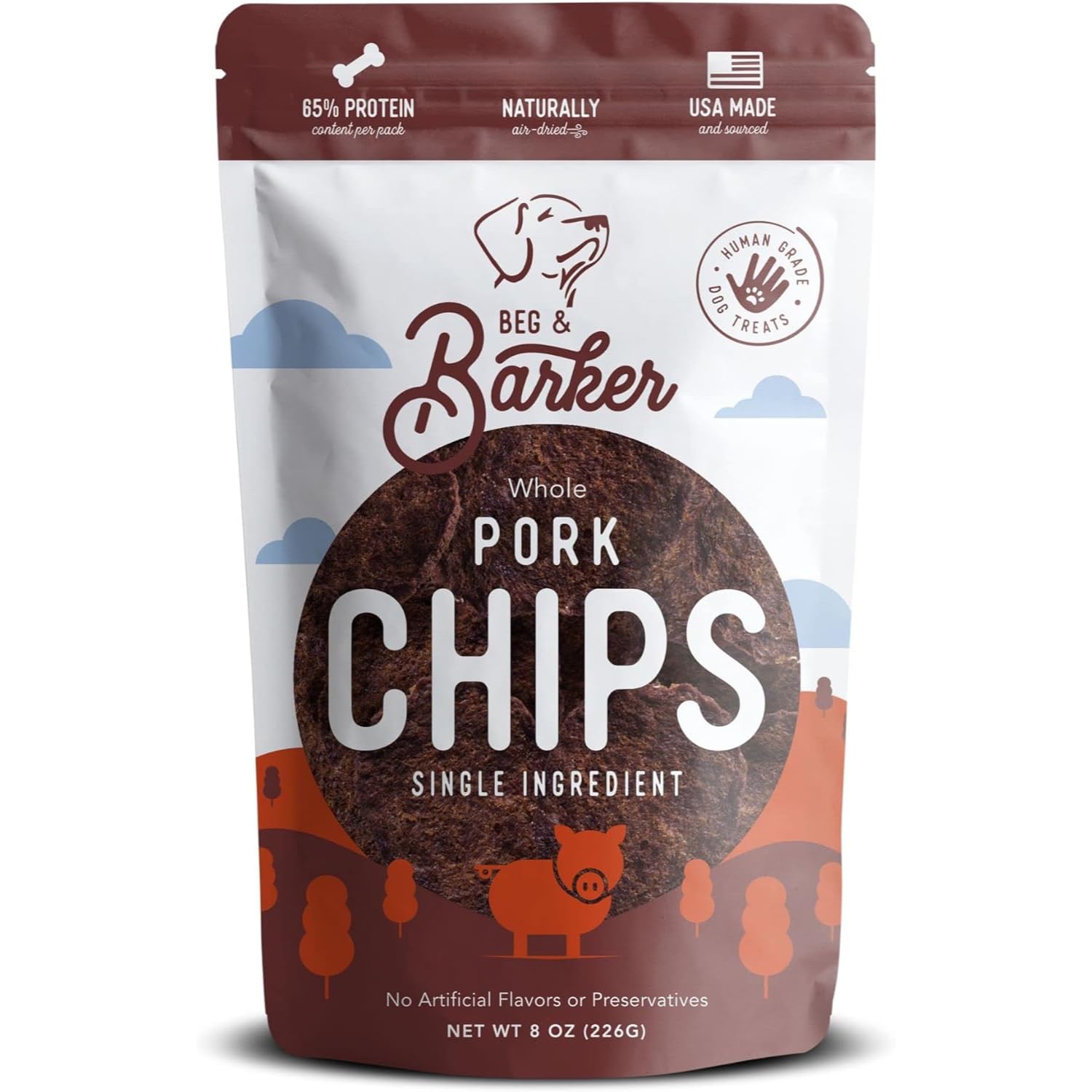 Beg & Barker Pork Chips for Dogs (8 Ounce, Pack of 1) - Single Ingredient Dog Treats Made for Large & Small Dogs Protein Human G