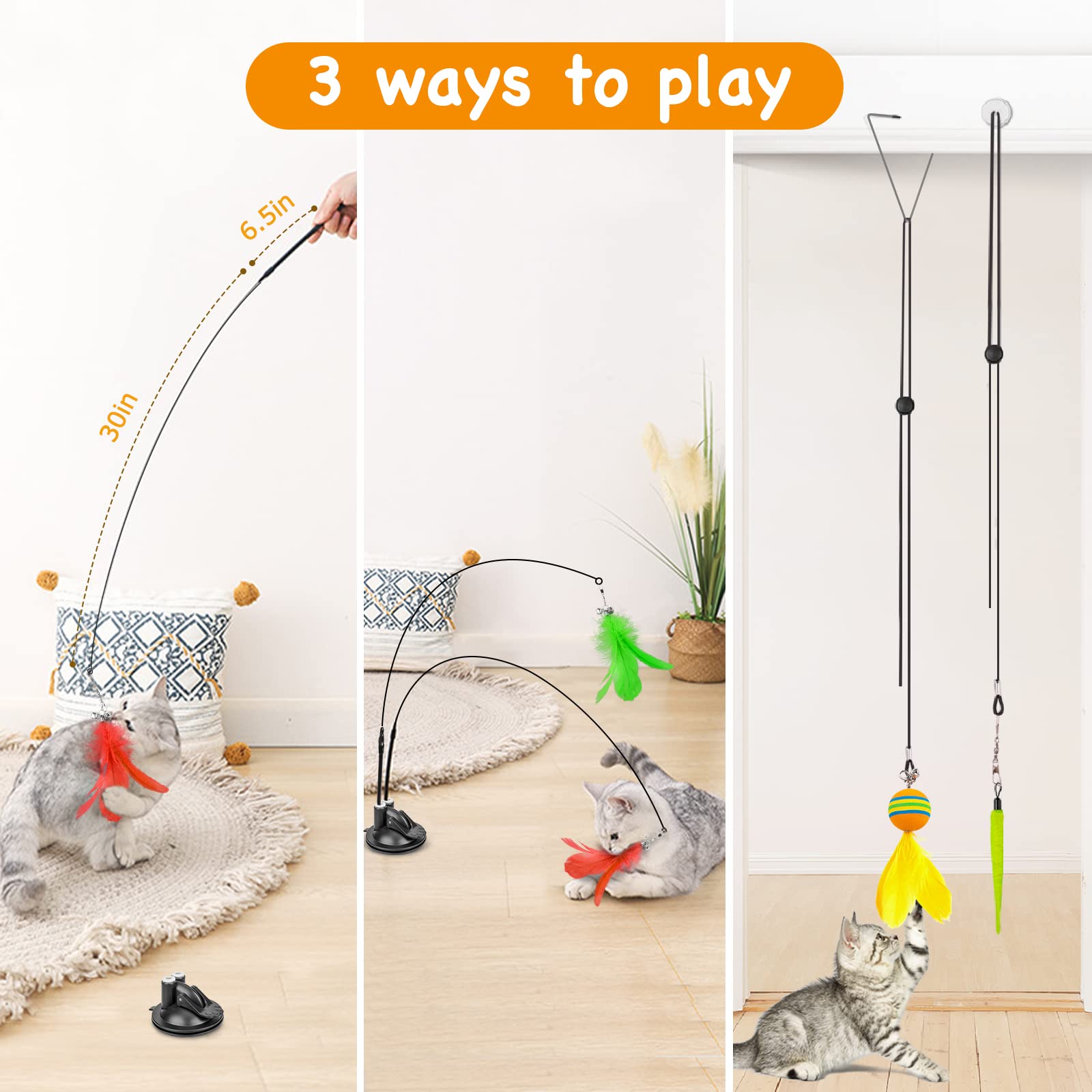 Hosfroll Cat Toys Wand, Interactive Cat Toy With Super Suction Cup Sticky Detachable 12 Pcs Feather Replacements 2 Wands Cat Spring Feather Toys For Indoor Cats Kitten Toys (9 Toys Double Headed)