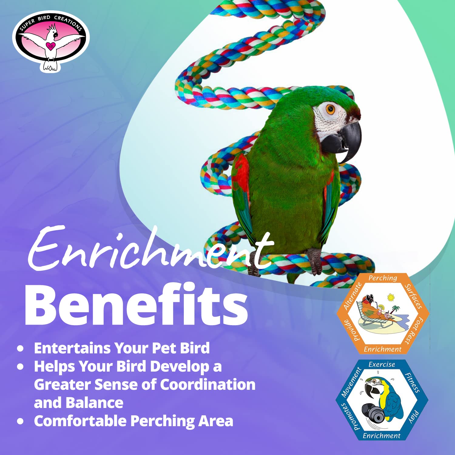 Super Bird Creations - Sb325 Large To Xl Bungee Bird Toy - Rope Perch For Amazons, African Greys, Cockatoos, Parrots - Colorful Hanging Perch - Enriching Bungee Toy For Large/Xl Birds & In Bird Cages