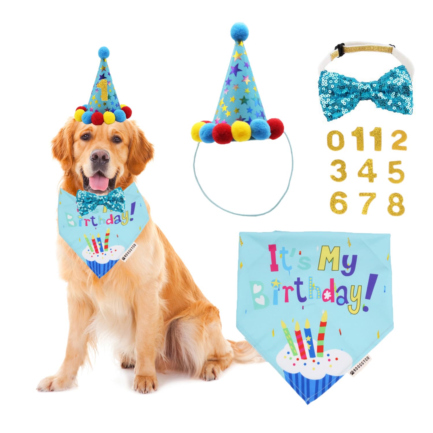 Adoggygo Dog Birthday Bandana Scarf And Blue Boy Pet Birthday Party Hat With Cute Bow Tie For Extra Large Dog Pet (X-Large)