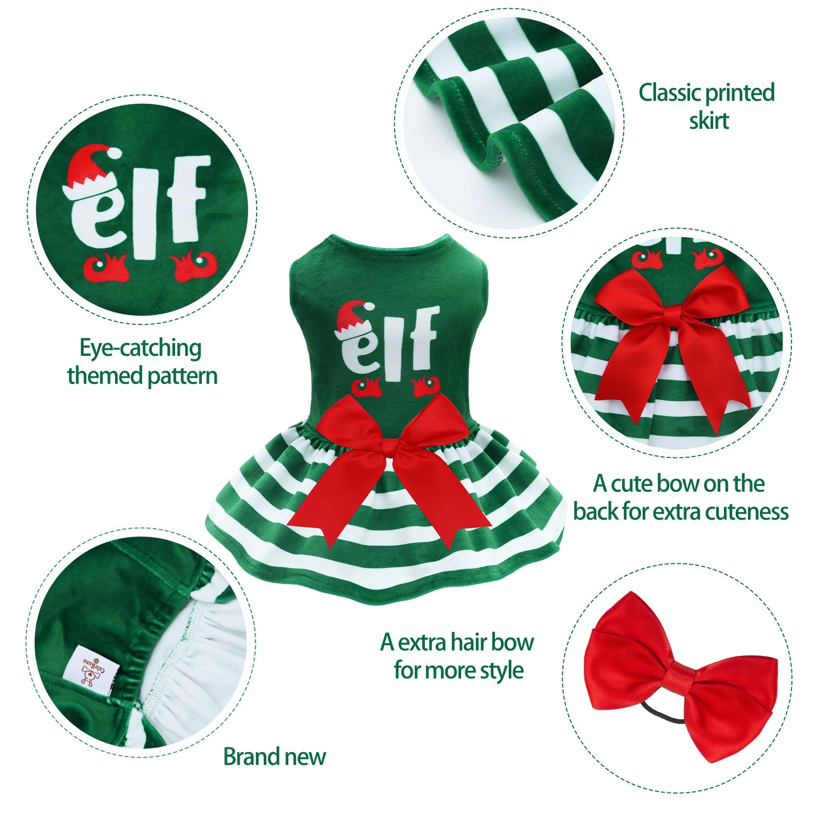 Cutebone Elf Dog Dresses Velvet Holiday Small Dogs Clothes Onesie Pet Apparel Girl Puppy Skirt With Bow Hair Rope Cva55L-D