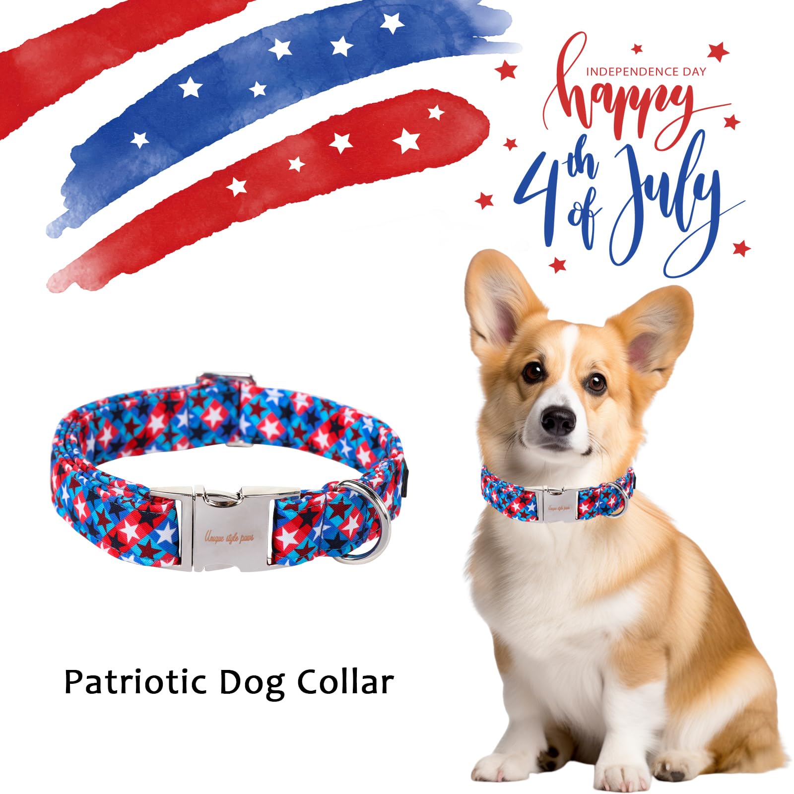 Paws 4Th Of July Dog Collar - Unique Style, American Stars, Cotton, Independence Day Collar For Small, Medium, Large Dogs