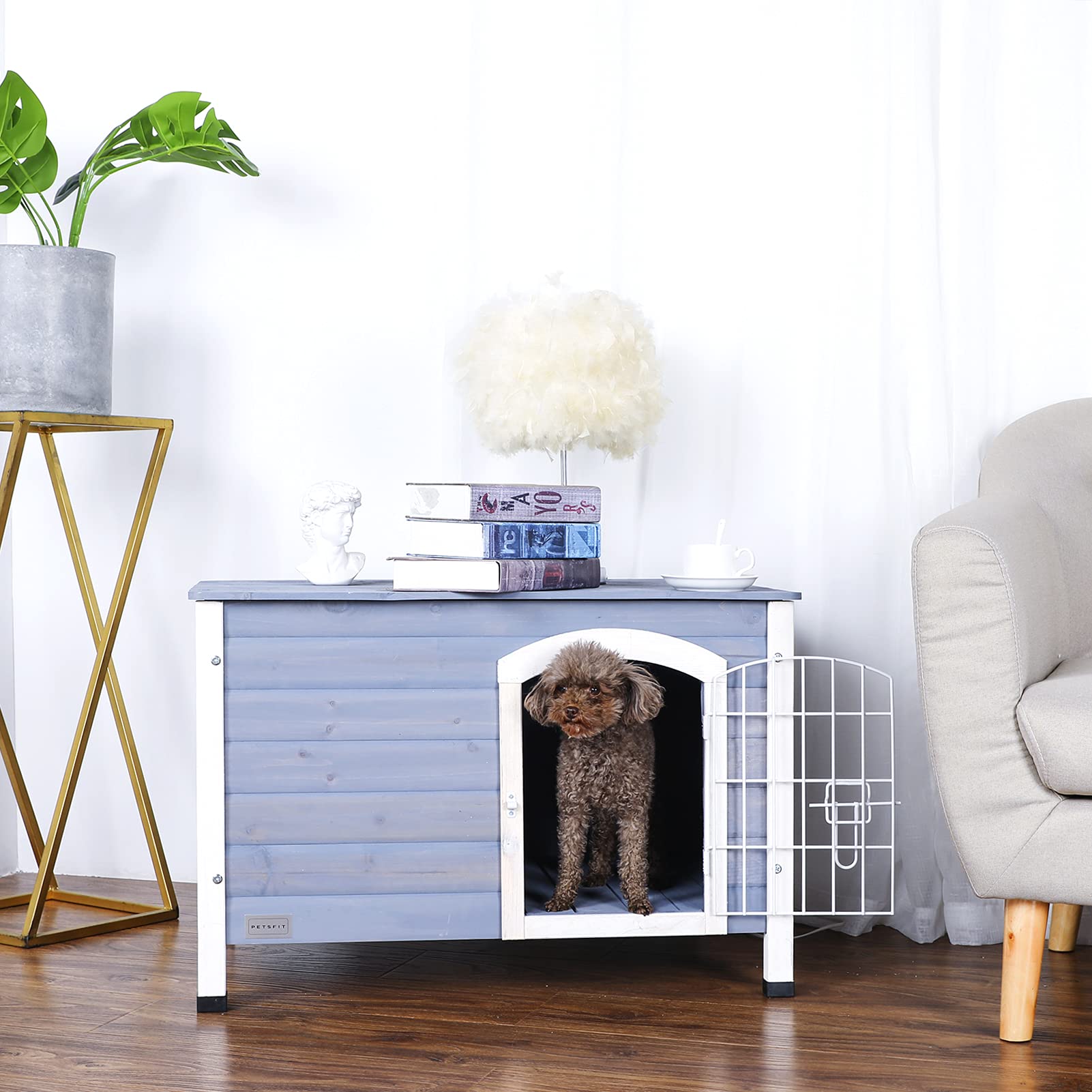Petsfit Small Dog House For Small Dogs Indoor, Wooden Dog House With Elevated Floor&Anti-Slip Bottom, 31.5''L  21.5''W  21''H