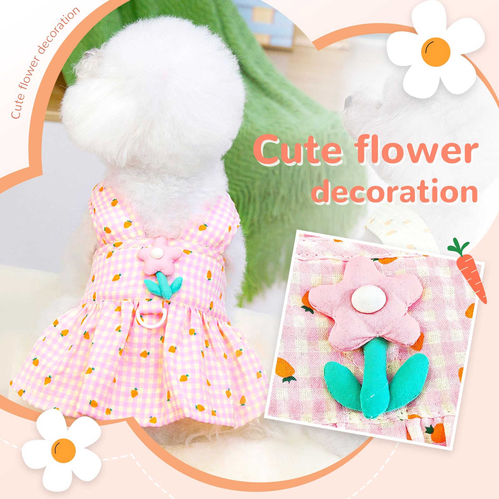Xgdmeil Cute Floral Small Dog Dress With D-Ring Plaid Princess Girl Dog Harness Dress Spring Summer Breathable Pet Puppy Clothes