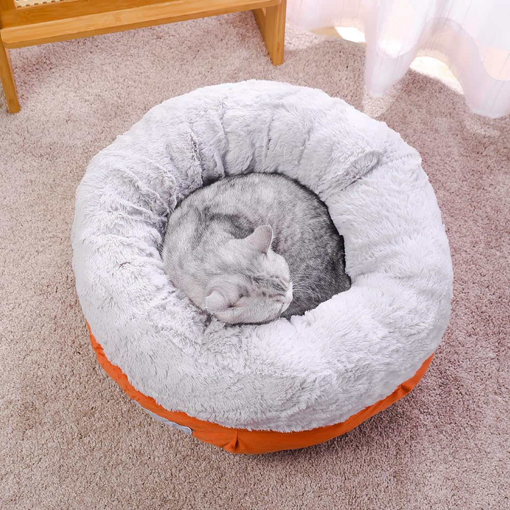 Xinsource Cozy Round Pet Bed, Cats Bed,Dogs Bed. Soft Plush Interior. Extra Support. Non-Slip. Machine Washable. (Gery+Orange, S