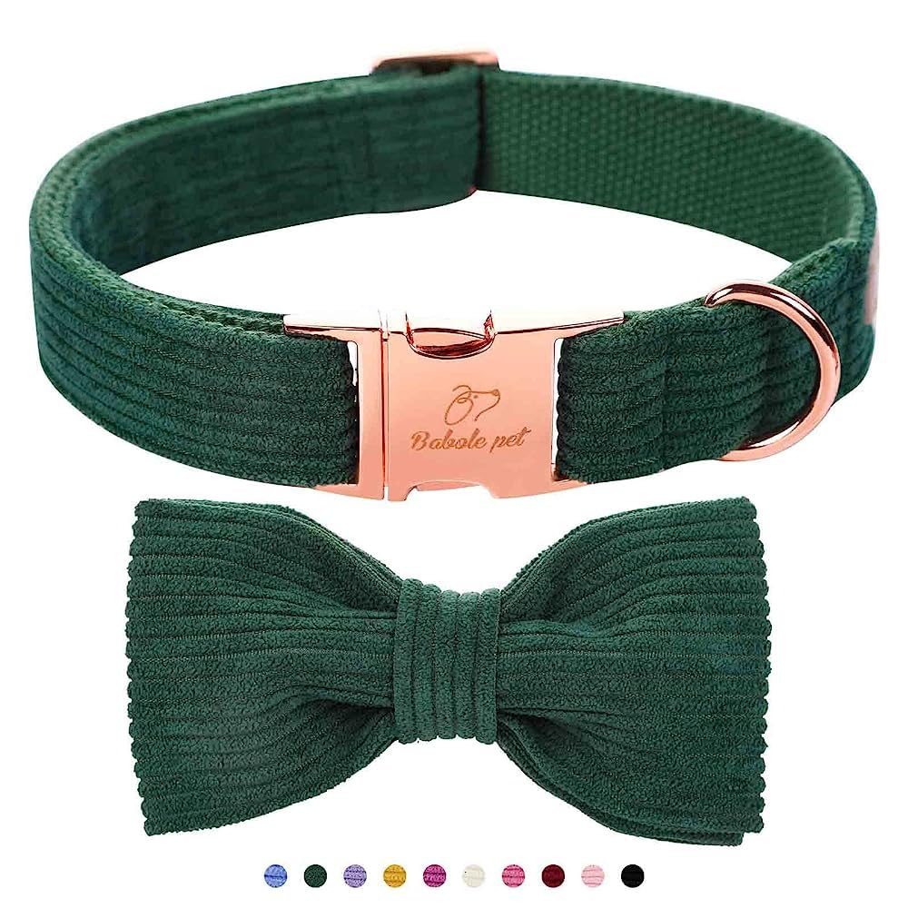 Babole Pet Green Dog Collars for Large Dog,Cute Corduroy Dog Collar with Bow Tie Safety Metal Buckle Adjustable Puppy Collars fo