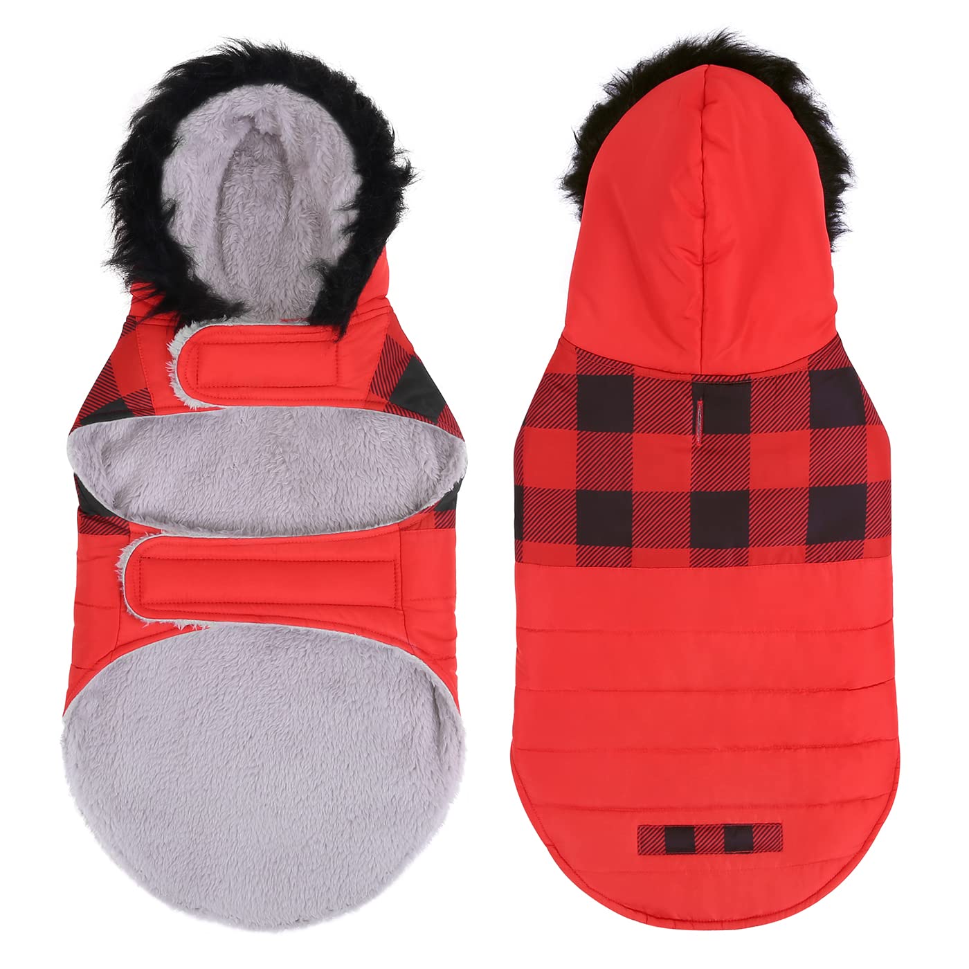 Hde Dog Puffer Jacket Fleece Lined Warm Dog Parka Winter Coat With Harness Hole Buffalo Plaid - Xxl