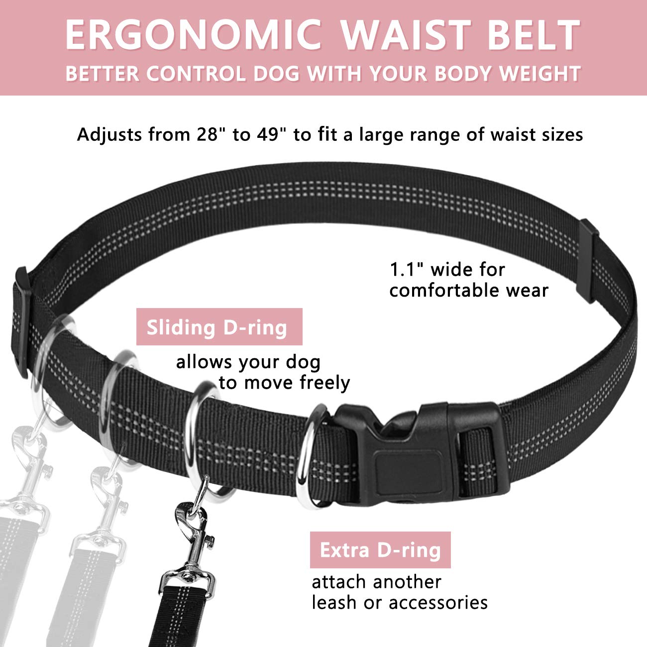 Hands Free Dog Leash Bungee Retractable Dog Running Waist Leash For Running Walking Jogging Training Hiking With Medium To Large Dogs, Adjustable Waist Belt Pouchouch, Reflective Stitches, Dual Handle