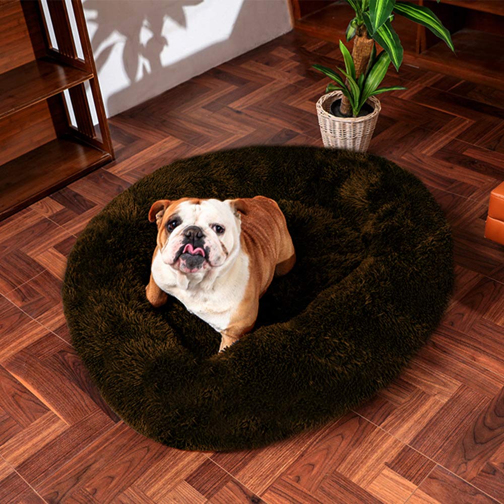 Bodiseint Faux Fur Dog Bed, Shag Round Anti-Anxiety Pet Calming Doughnut Cuddler For Medium Large Puppy Dog Cat Kennel Cushion S