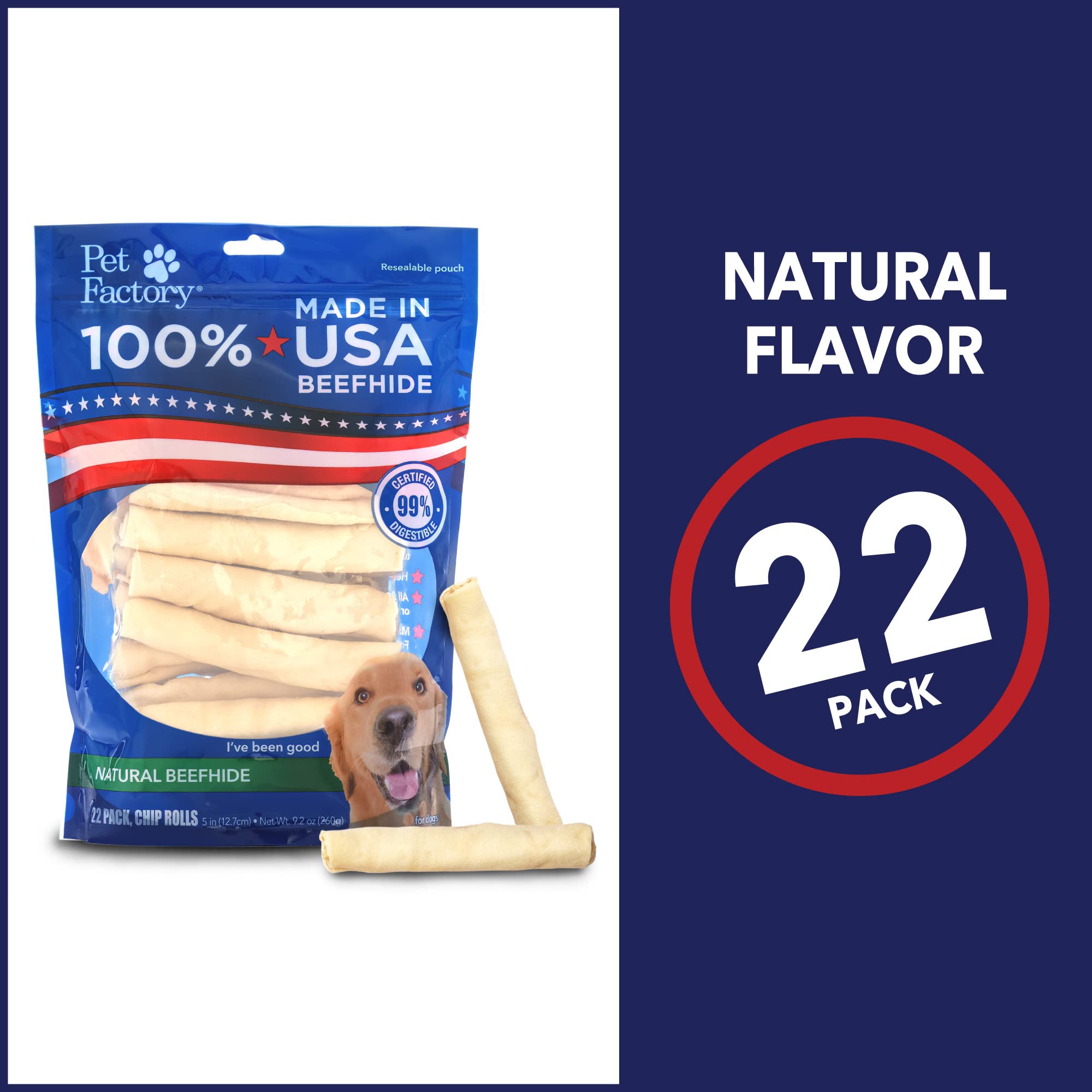 Pet Factory 100% Made in USA Beefhide 5 Chip Rolls Dog Chew Treats - Natural Flavor, 22 Count/1 Pack, 9.20 Ounce (Pack of 1)