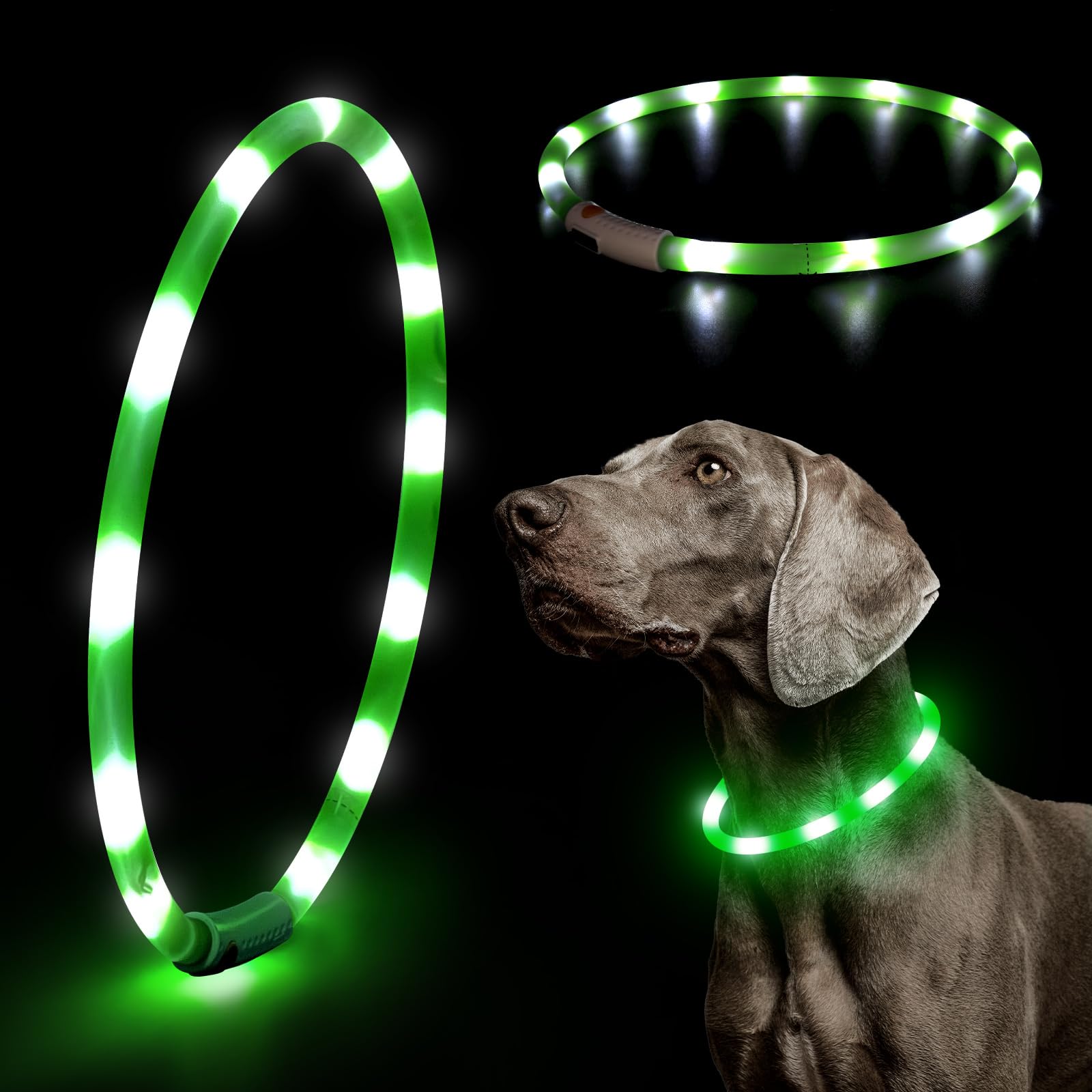 Higo Light Up Dog Collars - Rechargeable Led Dog Collar, Glowing Puppy Collar, Silicone Led Pet Collar, Flashing Dog Lights For Night Walking (Green)