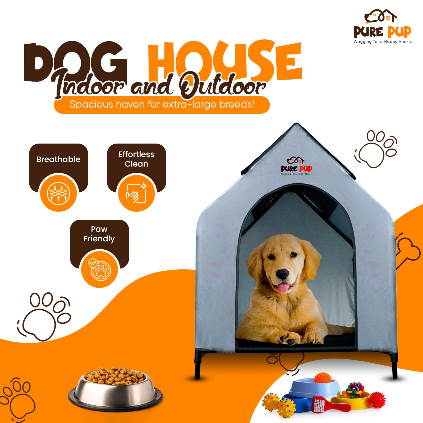 Pure Pup Outdoor Dog House With Elevated Bed, Weatherproof Canopy, Breathable Mesh Fabric With Windows - Ideal Shelter For Breed