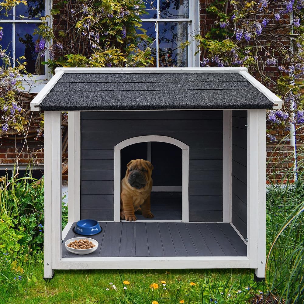 Yopto Outdoor Wooden Dog House,Waterproof Kennel With Deck And Sloped Roof,High Stability Pet Dog Cage For Small/Medium Puppy,Ea
