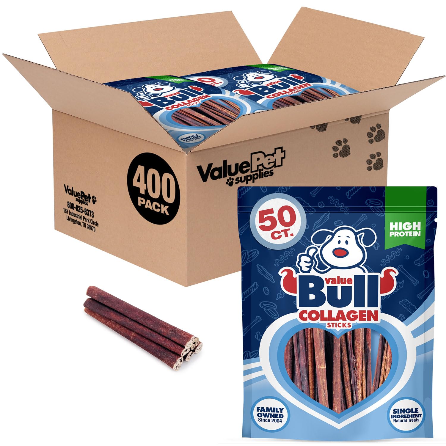 ValueBull USA Collagen Sticks for Small Dogs, 6 Inch Thin Chews, Natural Dog Treats, 400 Count Wholesale Pack - Promotes Joint,