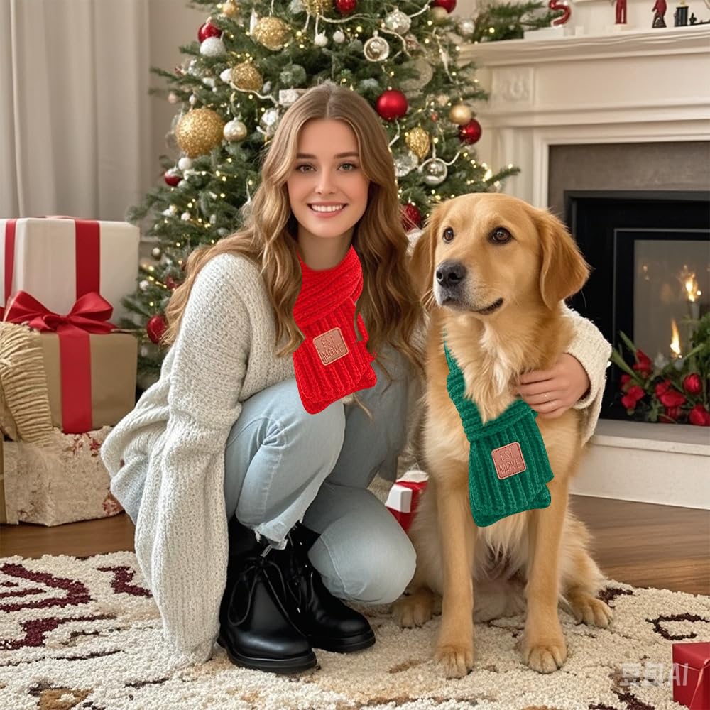 2 Pack Christmas Scarf For Small Medium Large Dogs & Cats - Green Red Warm Knitted Fall Winter Bandana Holiday Decoration (Xmas
