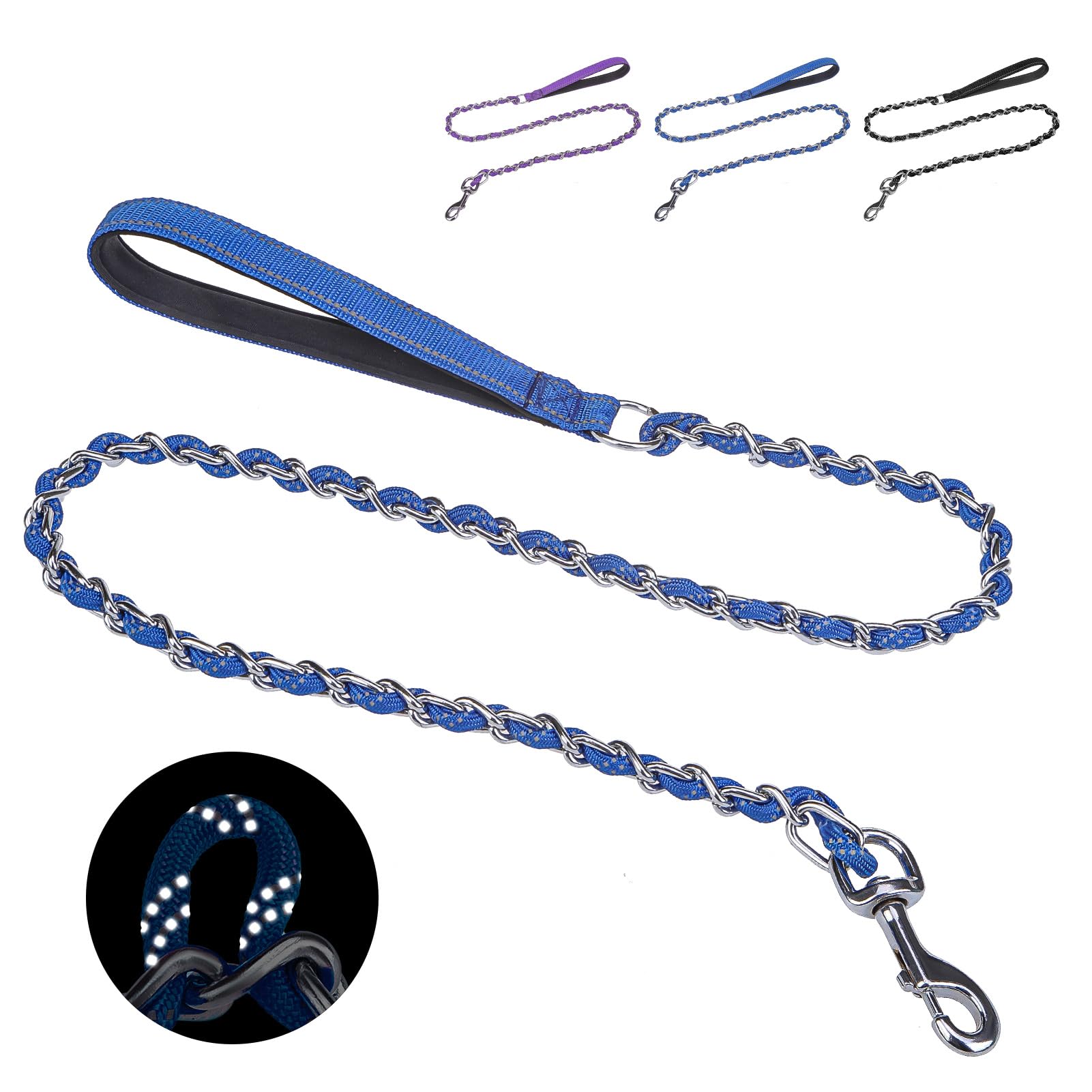 Homimp Heavy Duty Chew Proof Leash 4 Ft, Reflective For Medium Large Dogs, Metal Training With Soft Padded Handle, Strong Rope F