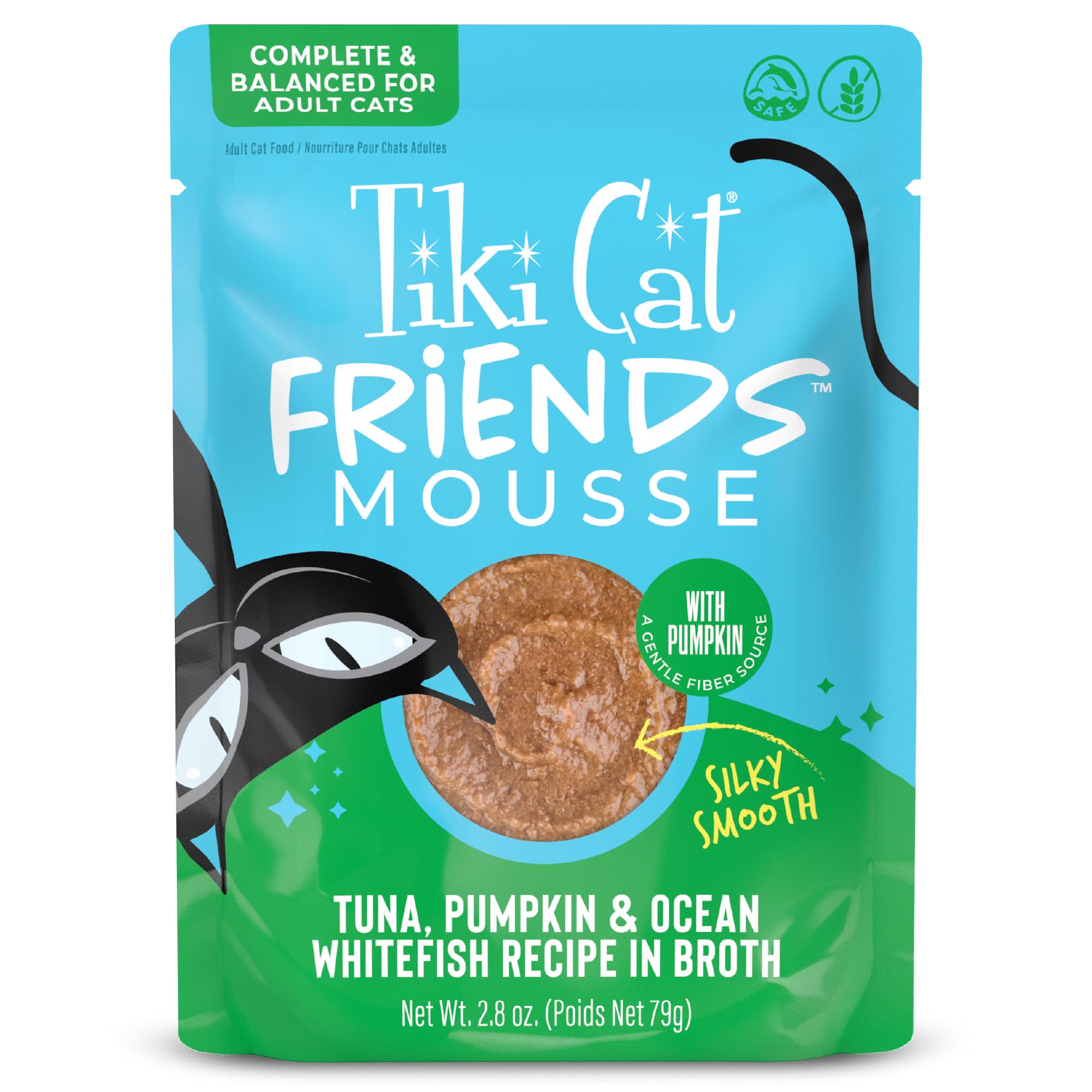 Tiki Cat Friends Mousse Tuna, Pumpkin & Ocean Whitefish, Grain Free & High Moisture, Wet Cat Food for Adult Cats, 2.8 oz. Pouch 