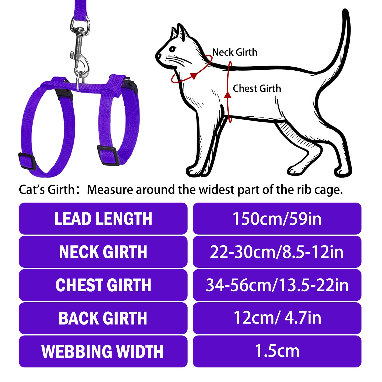 Pupteck Adjustable Cat Harness And Leash Set Escape Proof Kitten Strap Collar For Walking Travel, Purple, M