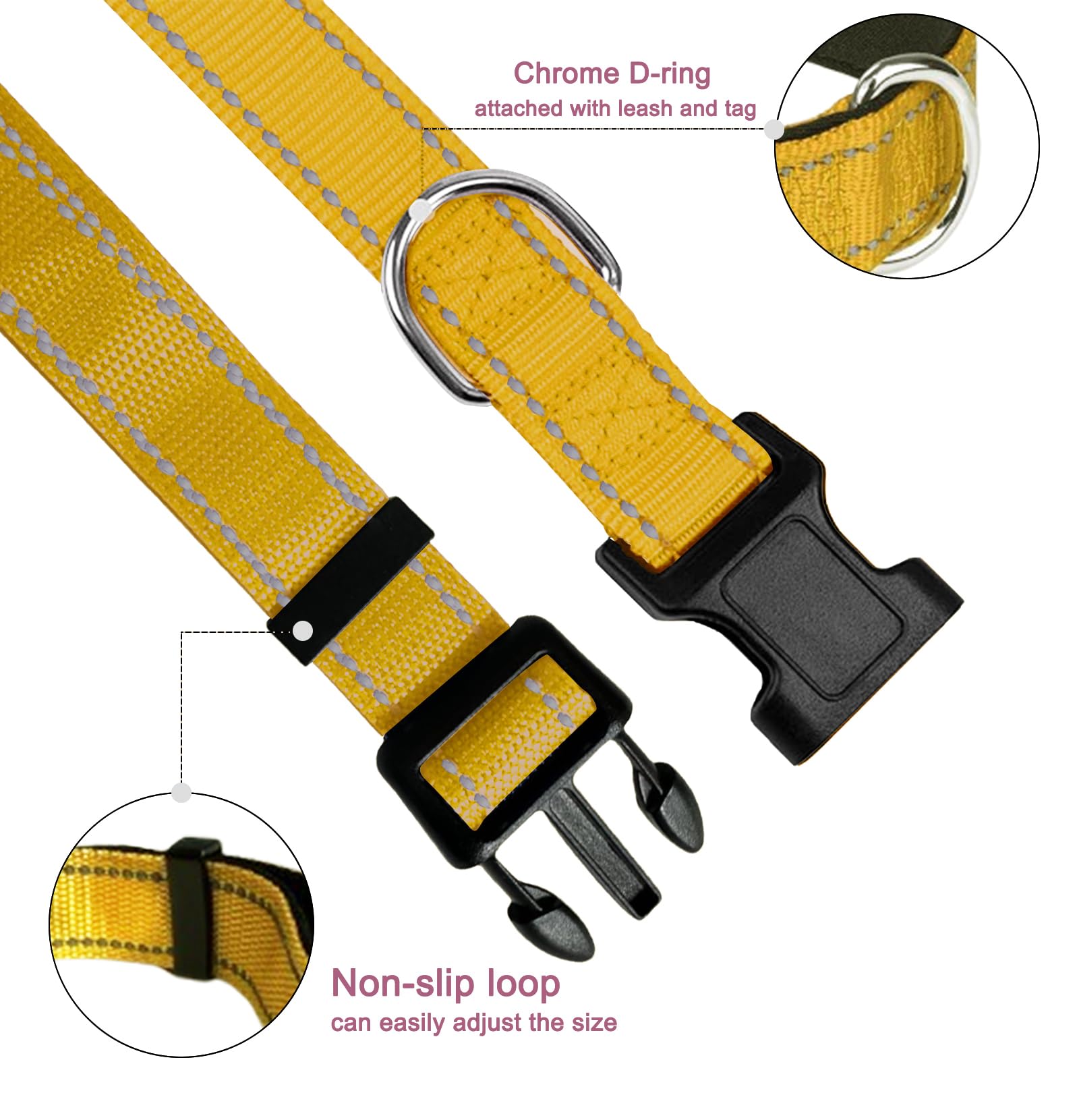 Yellow Dog Collar, Reflective Pet Collar with Buckle Adjustable Safety Nylon Collars for Small Medium Large Dogs, L