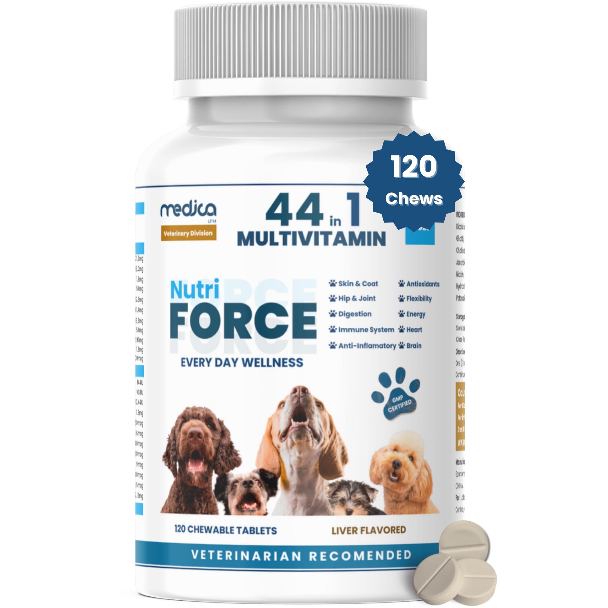 NutriForce 44-in-1 Multivitamin for Dogs - Daily Supplement for Hip & Joint, Skin & Coat, Immune, Digestion, Energy & Heart - 12