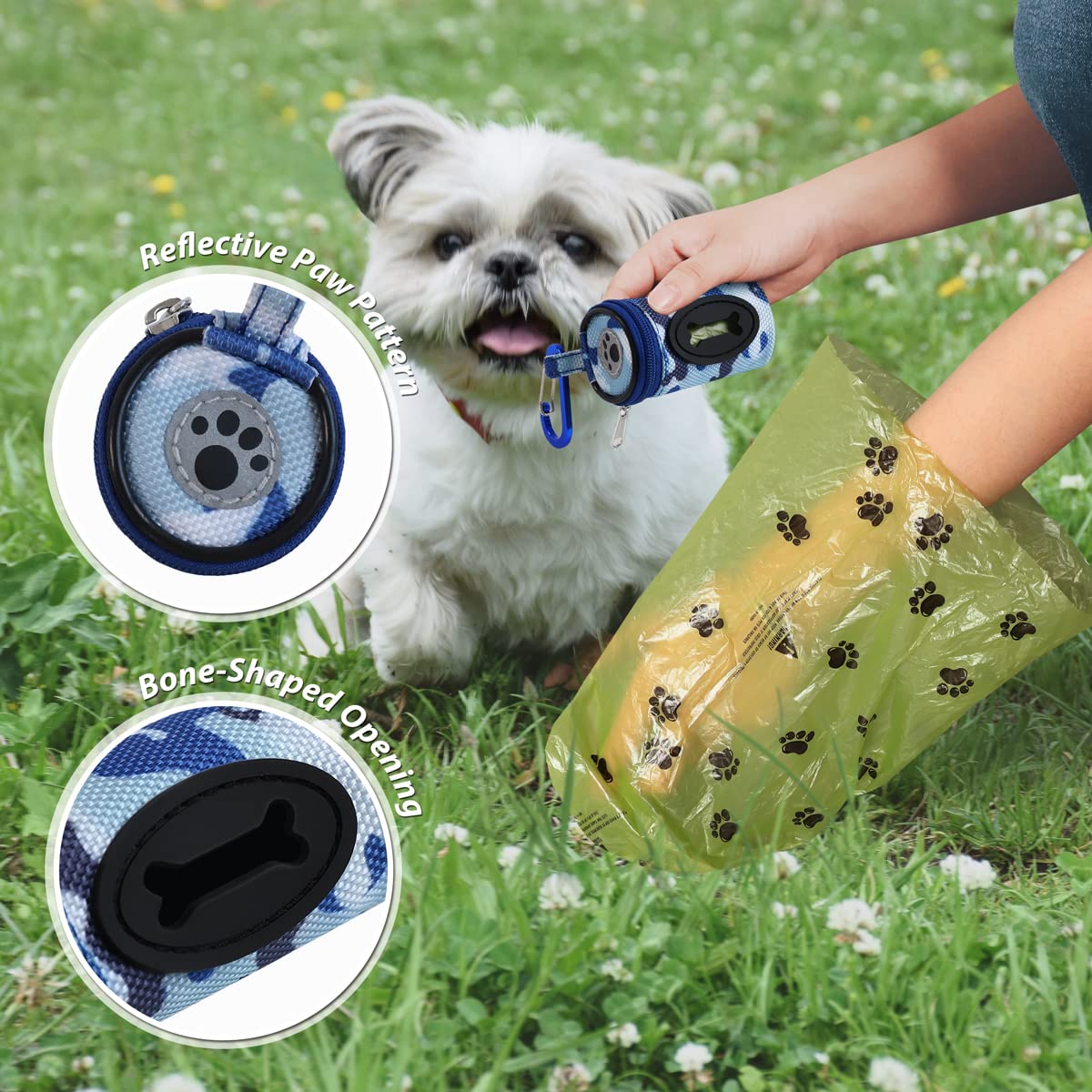 Furhab Dog Poop Bag Holder For Leash Doggie Waste Bag Dispenser Puppy Potty Carrier Small Doggy Zipper Pouch With Carabiner Clip 1680D Nylon Oxford With 1 Roll Of Pet Trash Bags, Sky Blue Camo