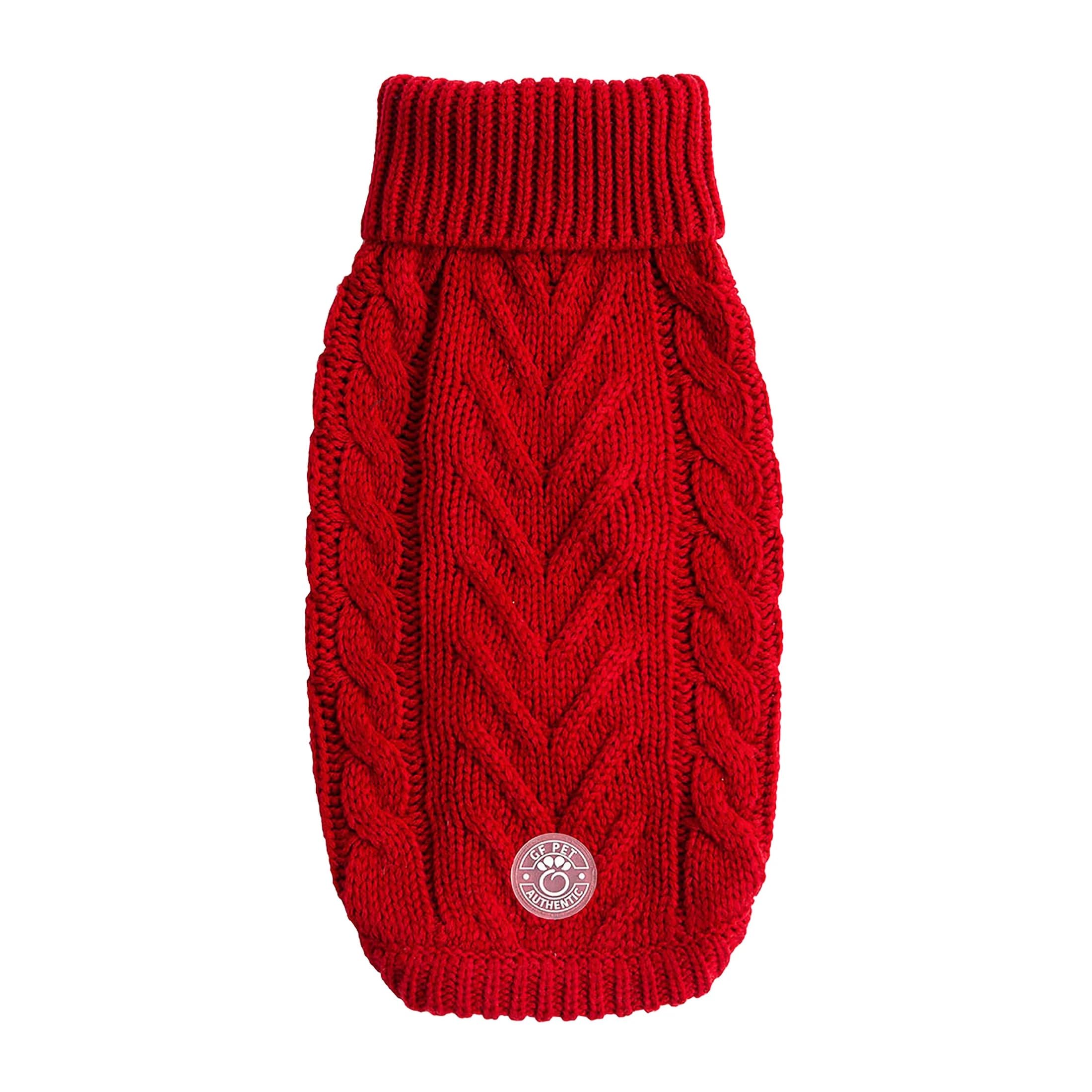 Gf Pet Chalet Cable Knit Dog Sweater - Snuggly Turtleneck Pullover For Small Medium Large Dogs | Chunky Knit Stretch Fit | Soft Ribbed Acrylic | Multi-Knit Doggy Sweaters - Red - 2X Large