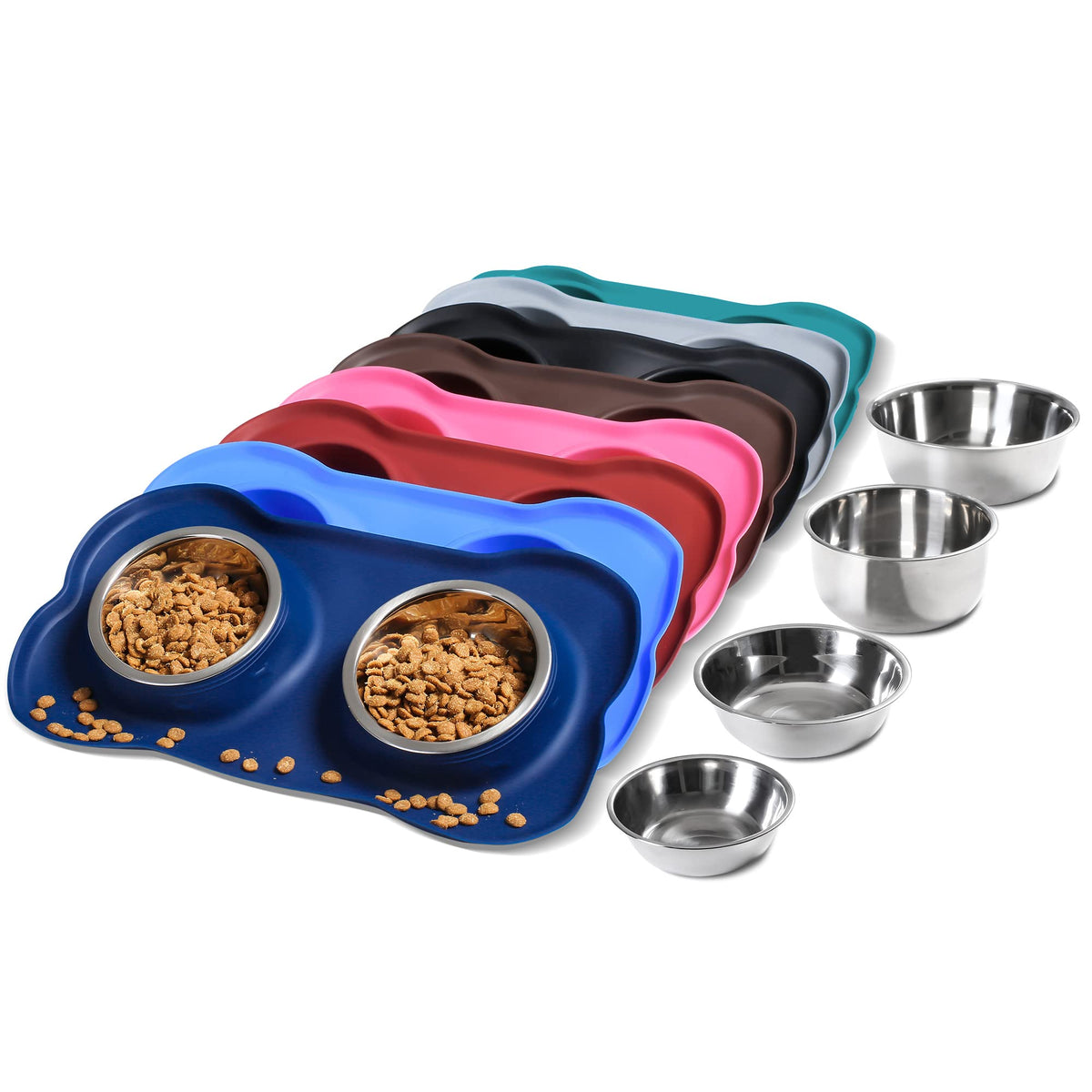 Hubulk Pet Dog Bowls 2 Stainless Steel Dog Bowl With No Spill Non-Skid Silicone Mat + Pet Food Scoop Water And Food Feeder Bowls For Feeding Small Medium Large Dogs Cats Puppies (Large, Navy Blue)