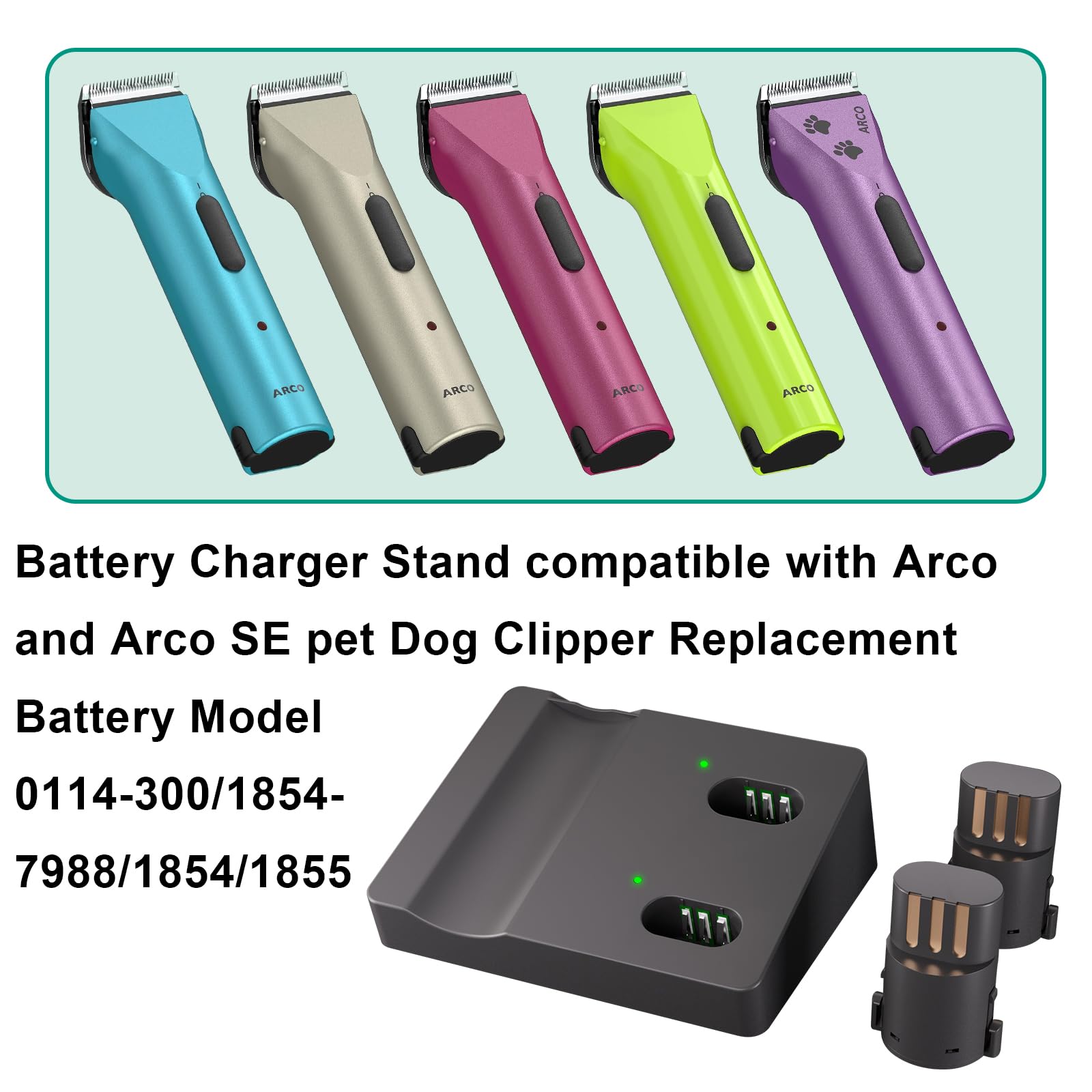 BESTBOMG Battery Charger Stand & 2 Replacement Batteries for Wahl Arco & Arco SE Clippers, 2100 mAh NiMH, Plastic, Compatible