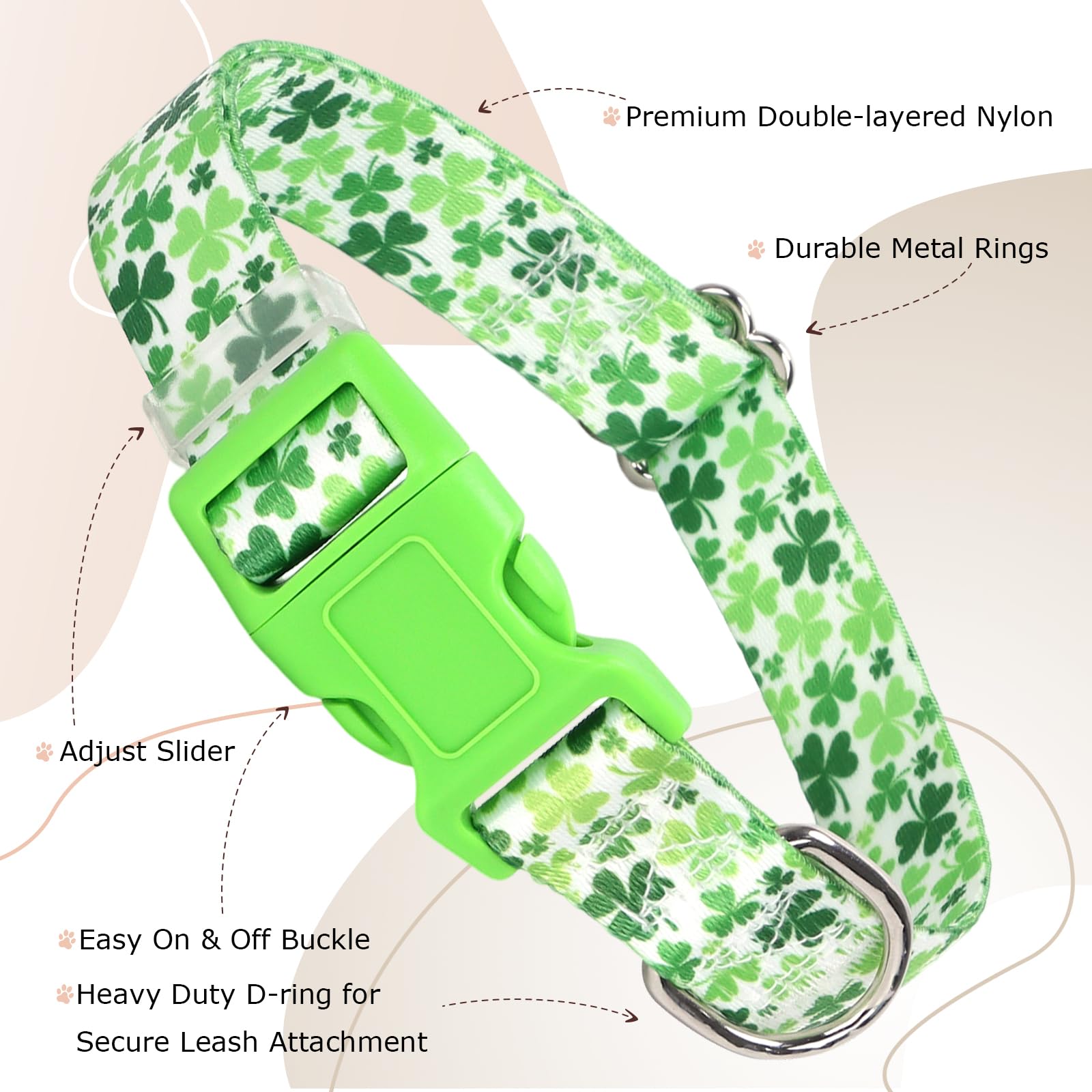 Dog Collar For Large Dogs, Irish Green Shamrock Clovers Dog Collar For Boy & Girl Dogs, Adjustable Heavy Duty Nylon Collar With