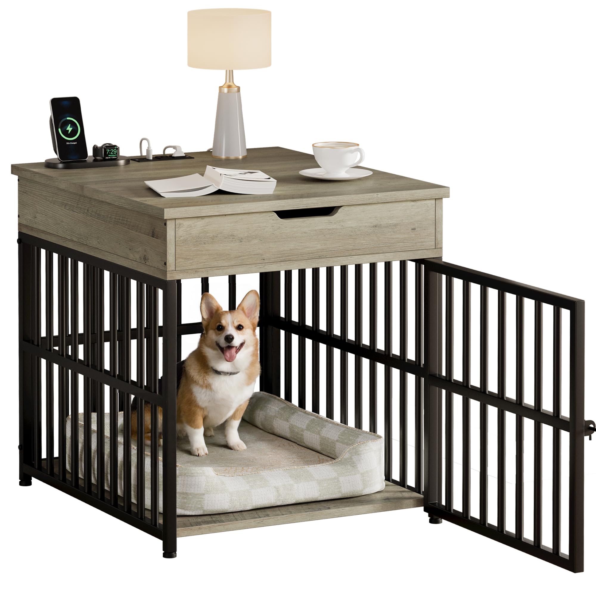 IRONCK Dog Crate Furniture, Wooden Kennel with Flip Top Drawer, 23.6"x19.7"x25.6", Grey, Model HK-GL-01, Indoor Pet End Table