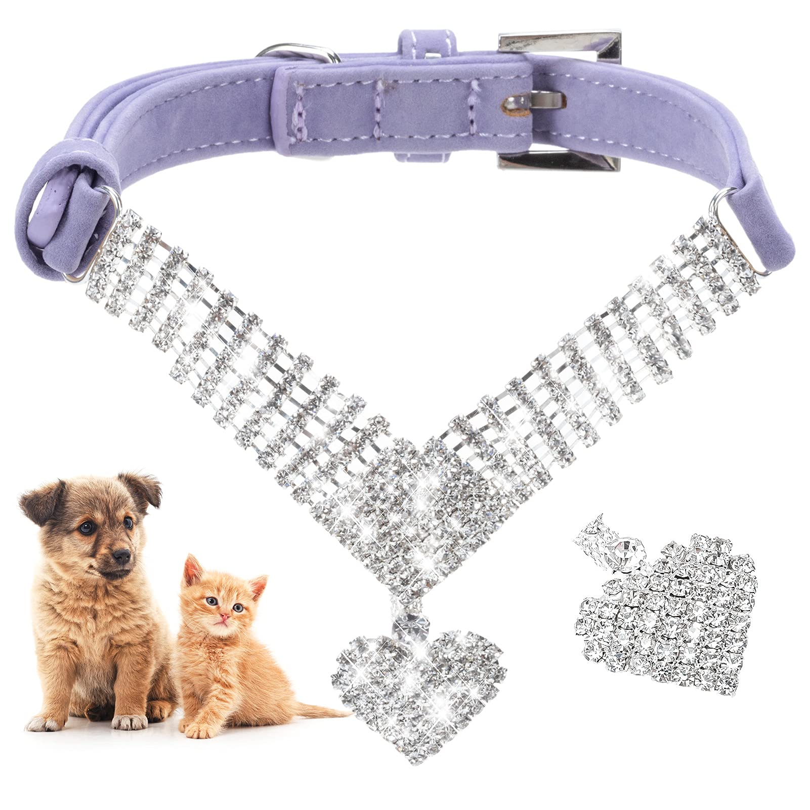 Expawlorer Cute Dog Necklace - Rhinestone Dog Collar, Soft Velvet Collar For Girl Boy Cats Dogs, Sparkling Pet Neck Decoration, Adjustable Pet Collar For Puppies Cats Small Medium Dogs, Purple M