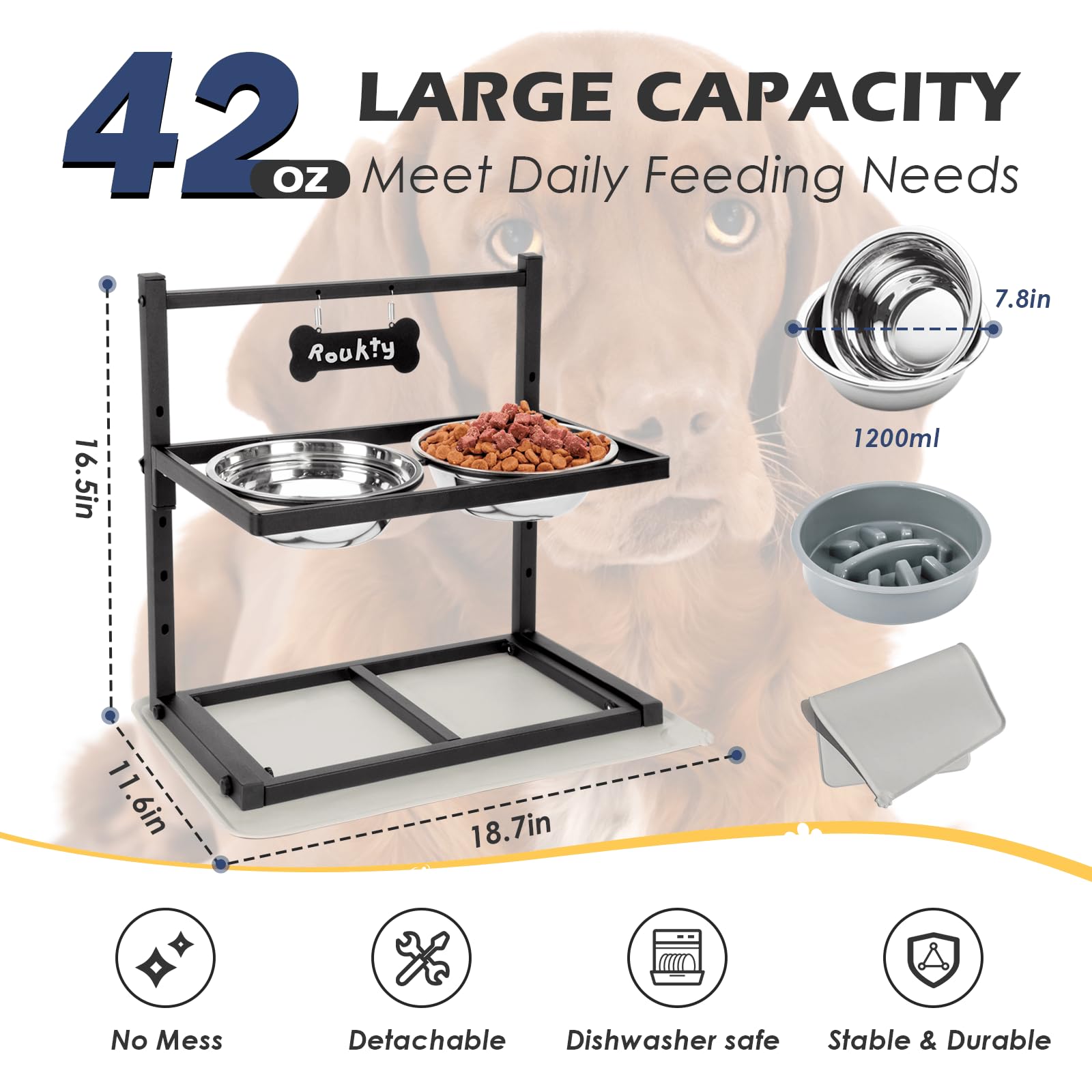 Adengl Elevated Dog Bowls With Slow Feeder, 5 Adjustable Heights, Anti-Slip, Durable Metal Frame, Spill Proof Mat, Rust-Resistan