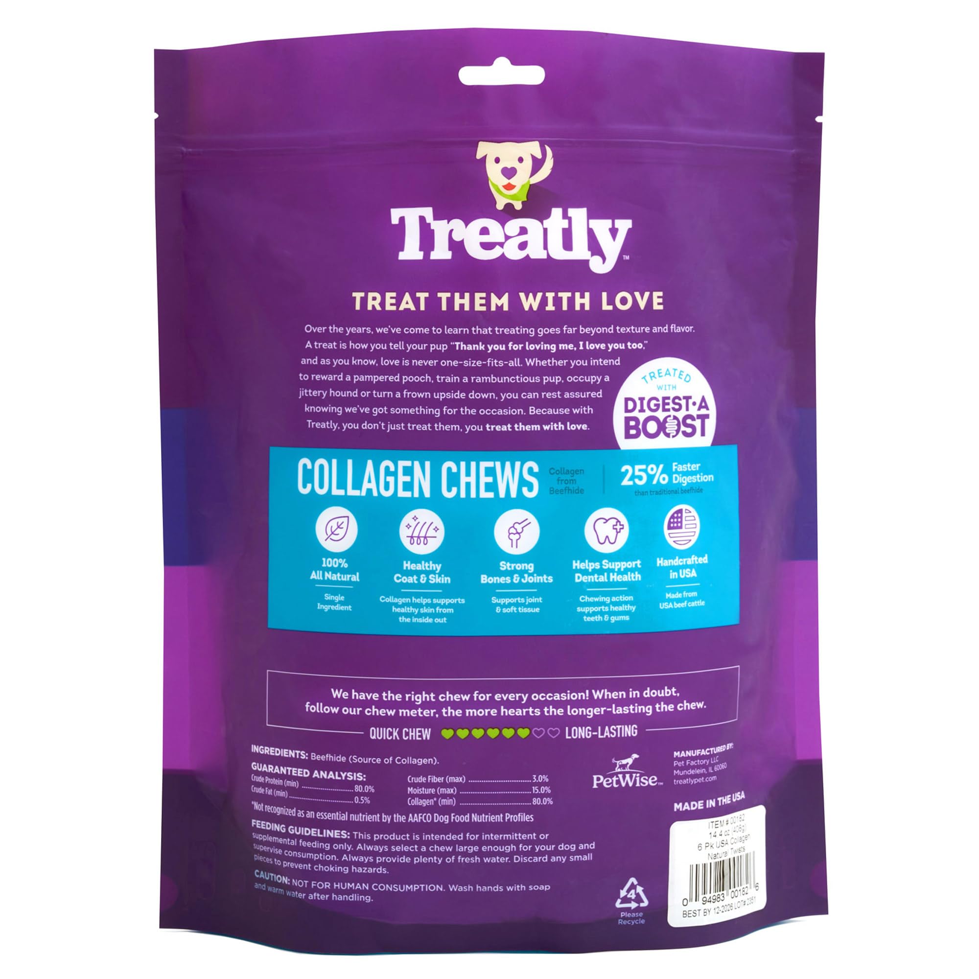 Treatly USA Collagen Twist 6-7 Dog Chew Treats - Natural Flavor, 6 Count/1 Pack