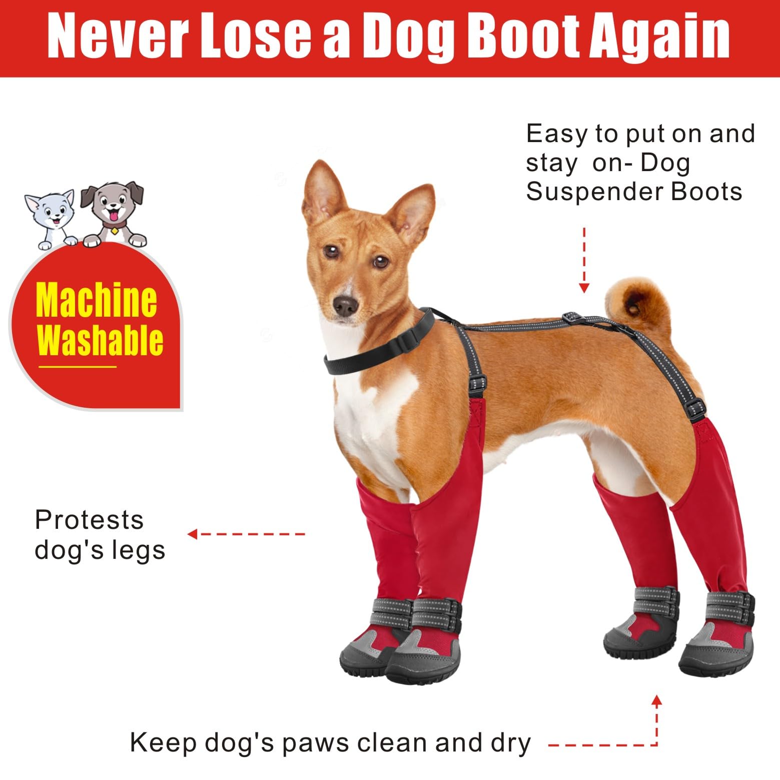 Idepet Dog Suspender Boots - Anti-Slip Waterproof Shoes for Winter, Snow, Rain, Hiking - Adjustable Tall Leggings Paws Protector