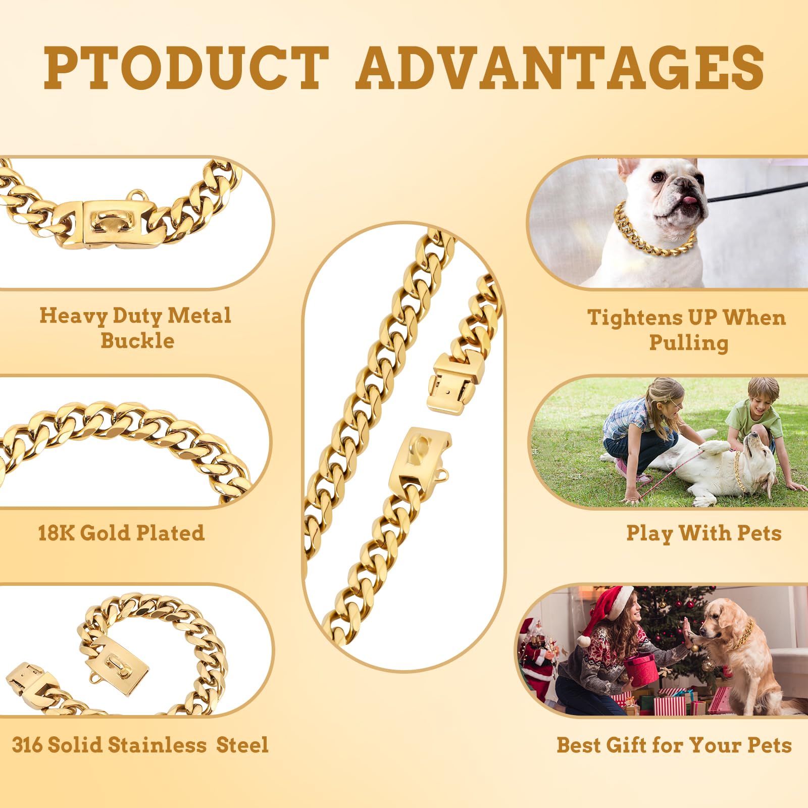 Baobote 15Mm Gold Stainless Steel Dog Collar With Cuban Link Chain Heavy Duty Chew Proof Training Collar For Dogs(12'' Gold)