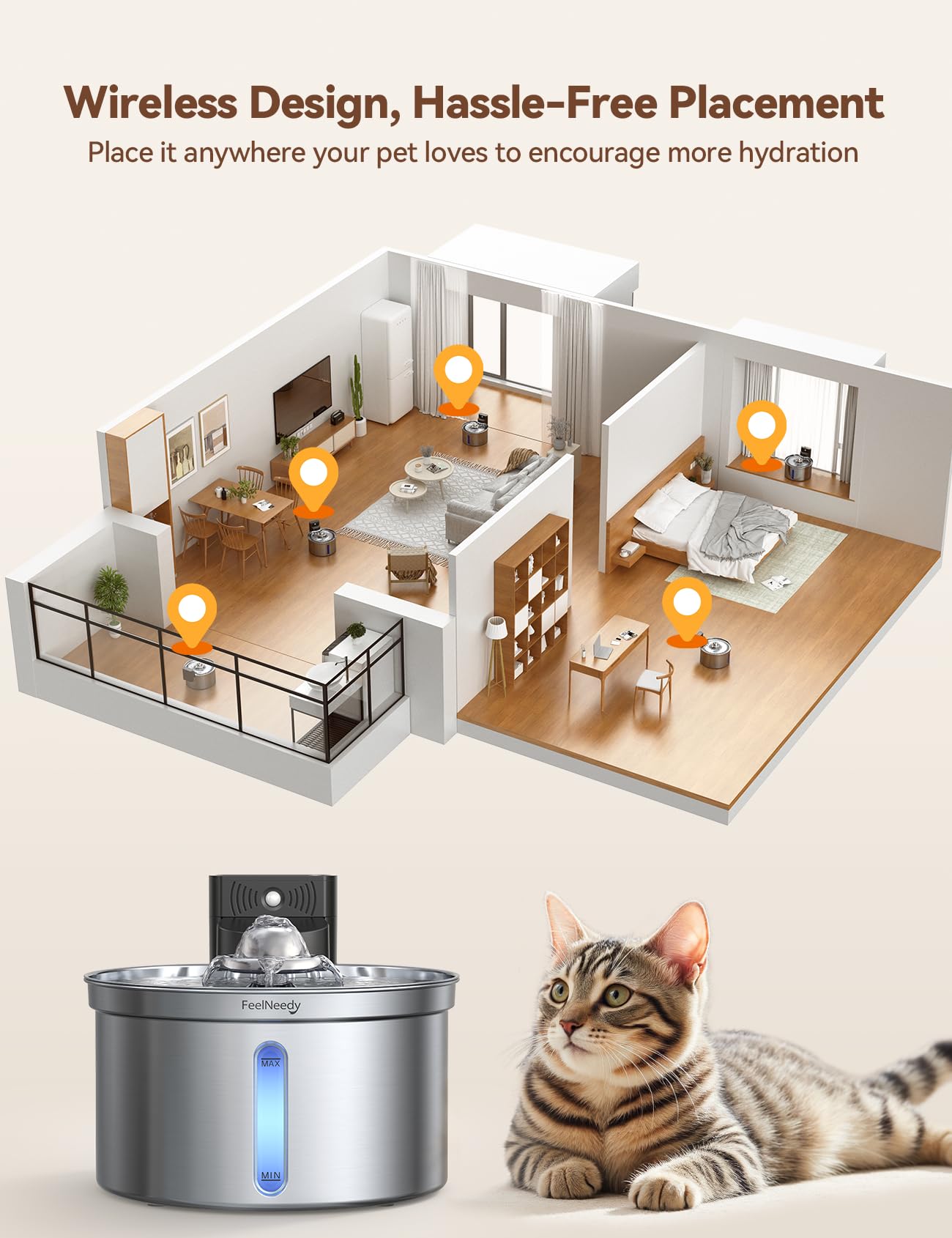Feelneedy Cordless Cat Water Fountain Stainless Steel With Motion Sensor, Water-Battery Separation Safety Design,4000Mah Battery