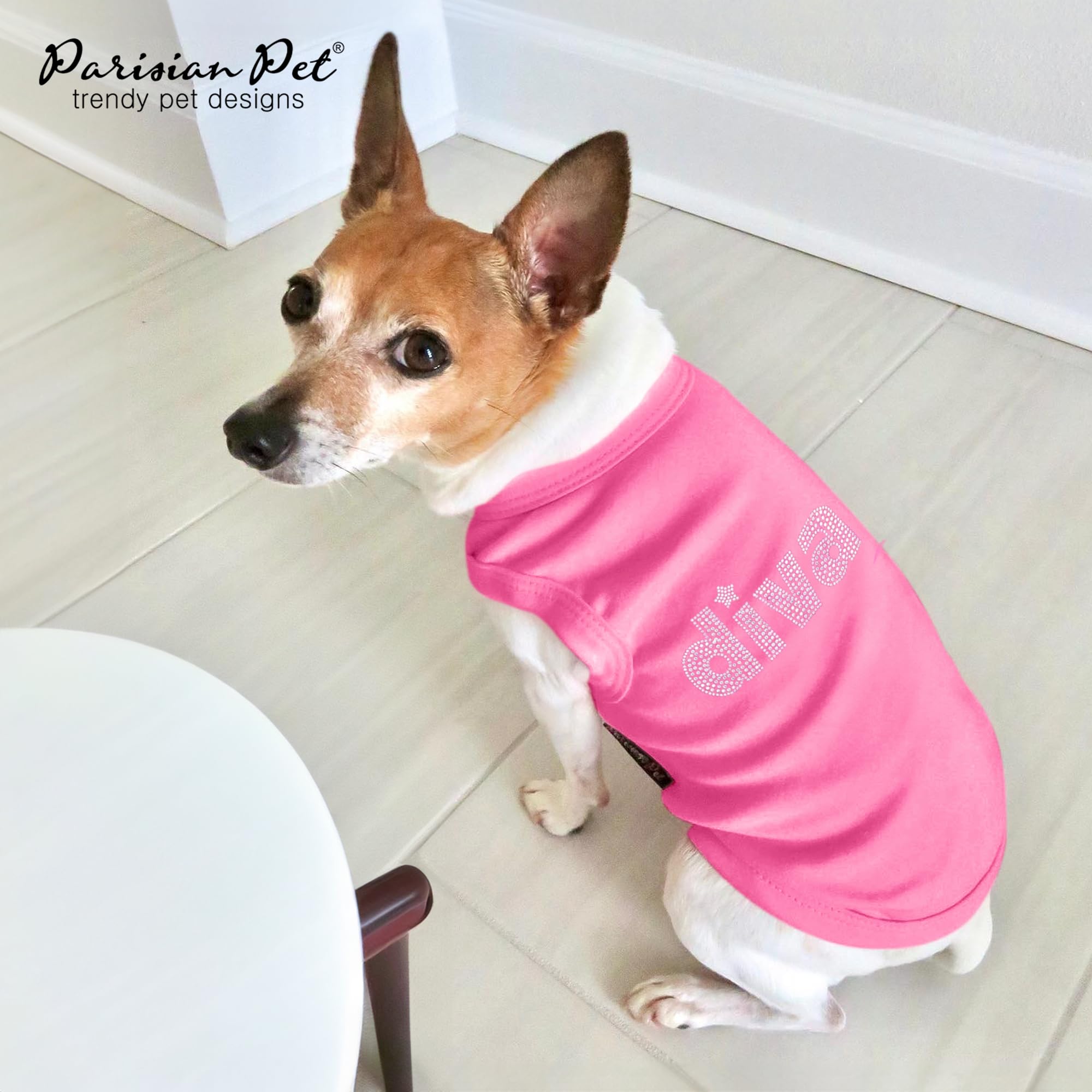 Parisian Pet Dog T-Shirt With Embroidered ' Diva ' - Breathable Tank Top - Sleeveless Pet Vest - Machine Washable Pink Tee Shirt