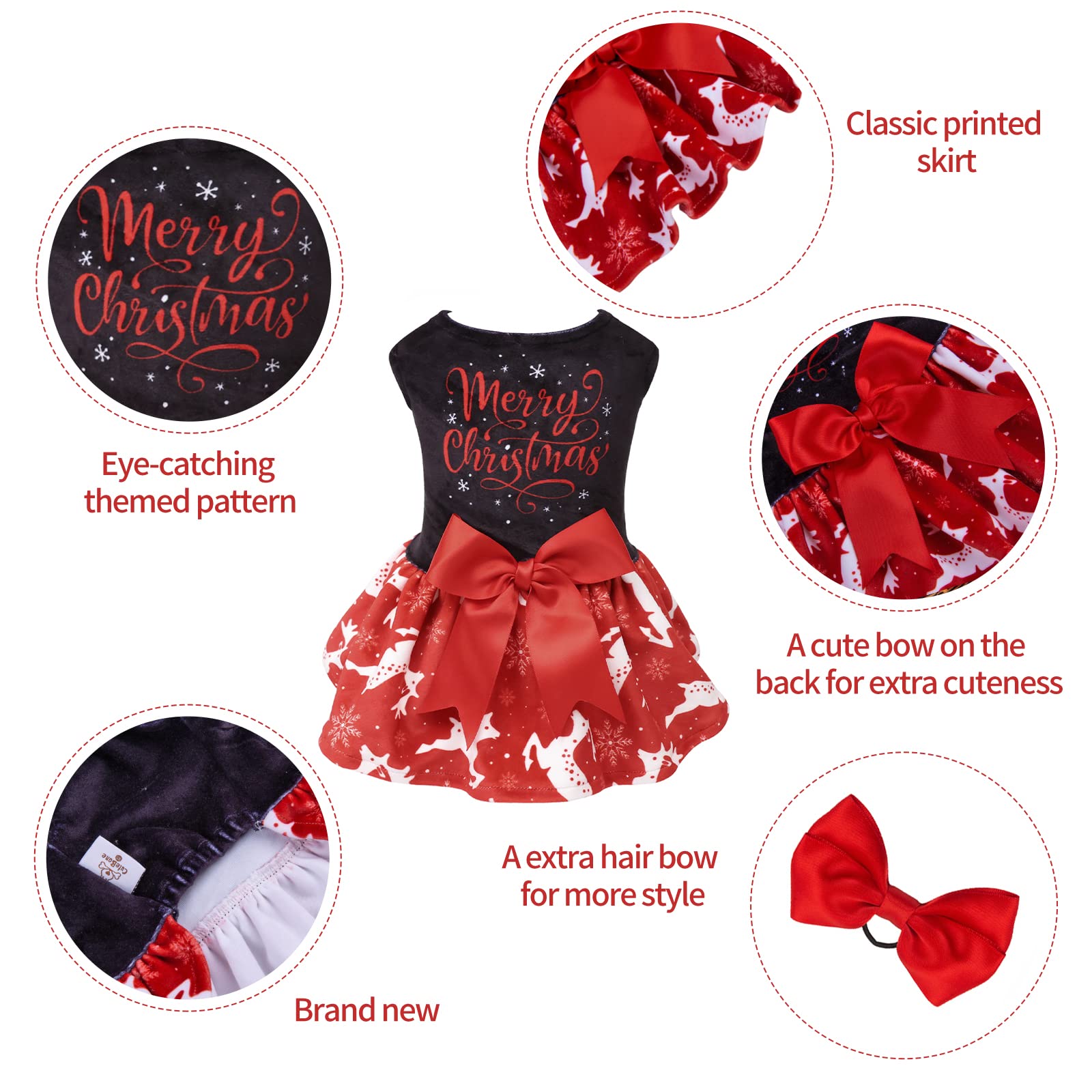 Cutebone Merry Christmas Dog Dress Velvet For Small Dogs Girl Reindeer Puppy Dresses Red Dog Clothes Cva04M-D
