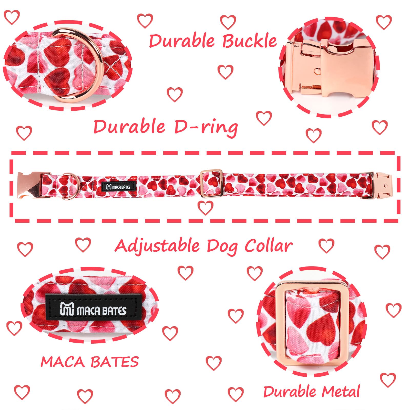 Maca Bates Valentine Love You Sweet Heart Dog Collar for Dogs Valentines Soft Adjustable Breakaway Red Hearts Collars for Small