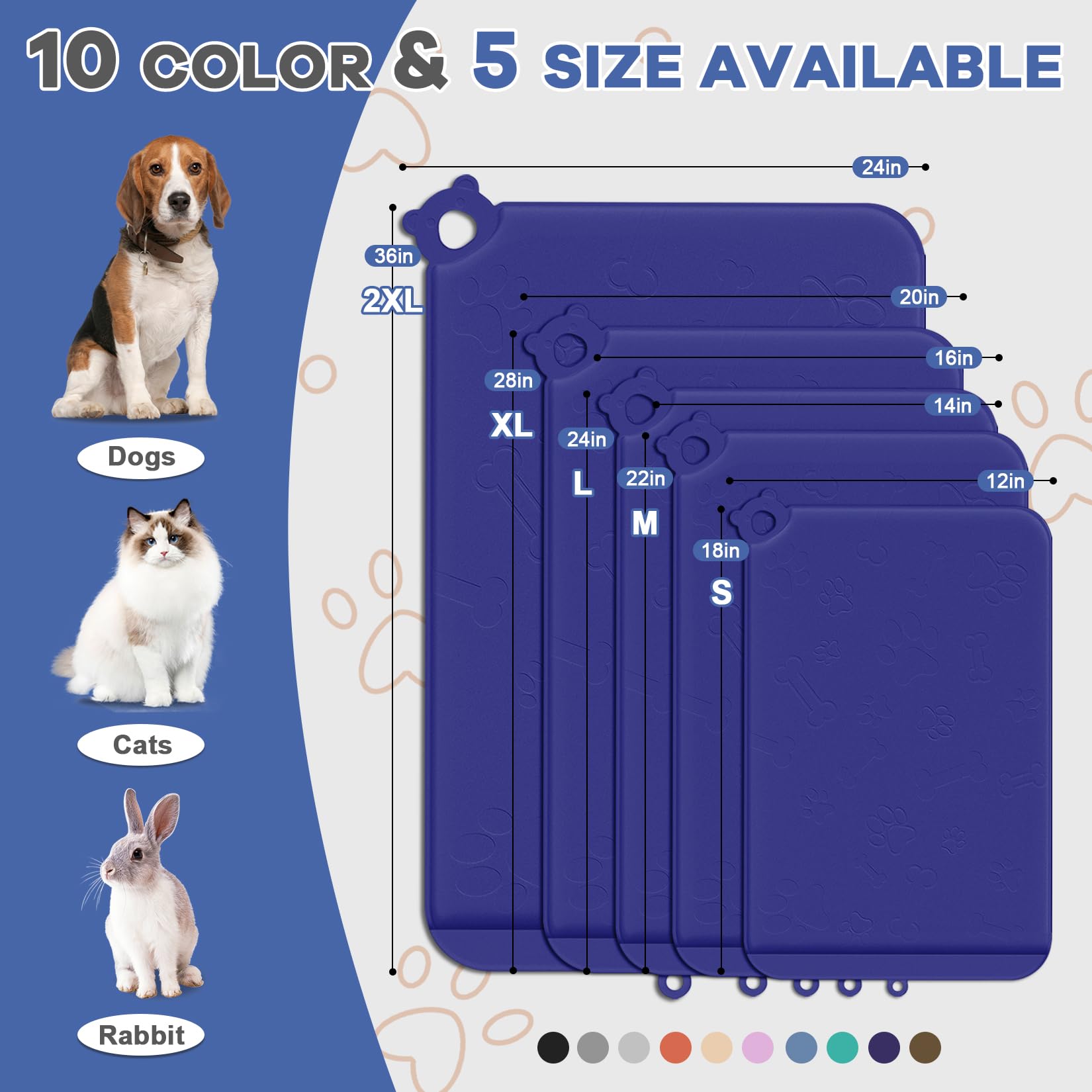 Zirwti Pet Feeding Mat, Silicone Dog Cat Bowl Mats With Edge, Waterproof Non-Slip, Easy Clean, Navy Blue, 18''X12''