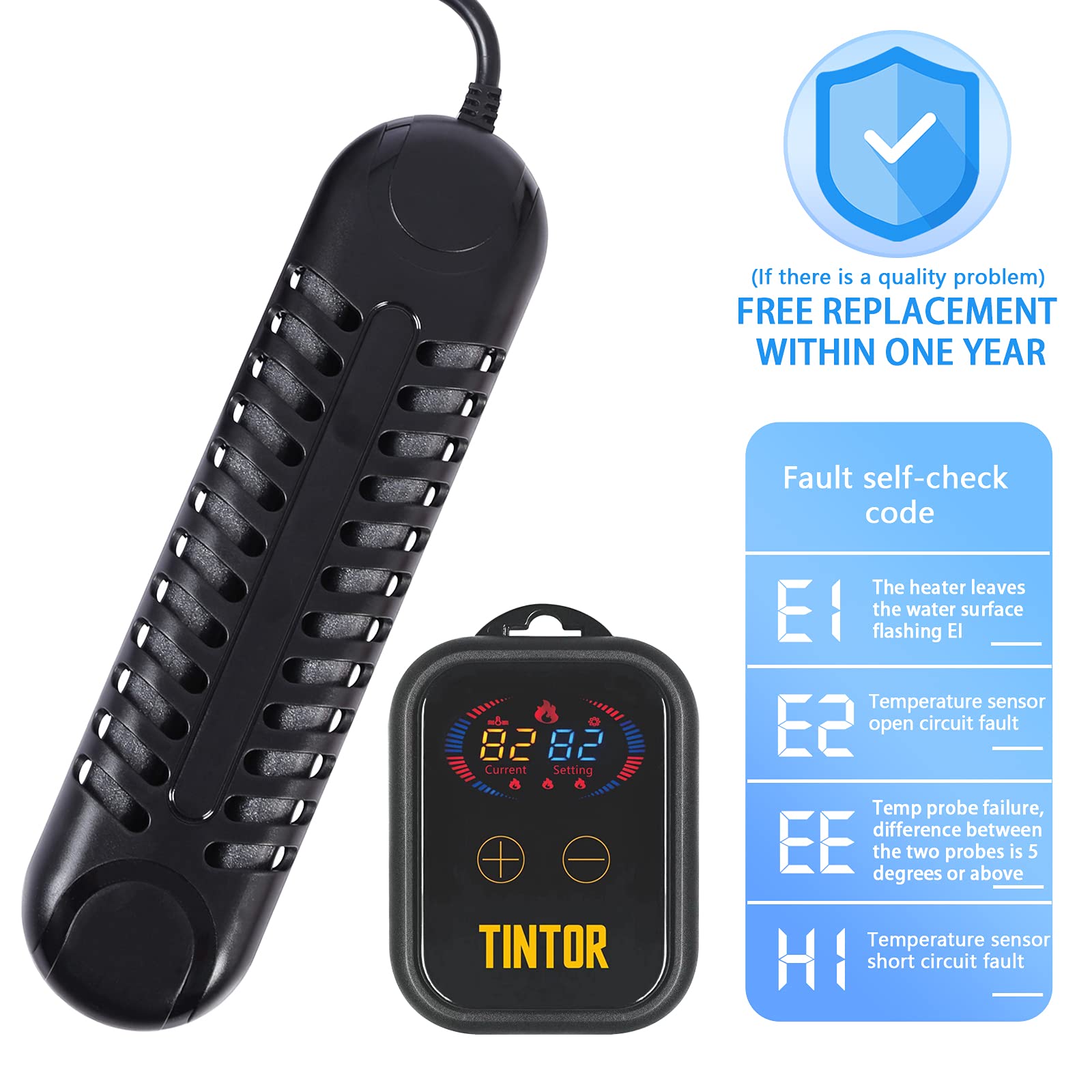 Tintor Submersible Aquarium Heater, 800W/1200W Fish Tank Heater, Double Tube Heating, Rapid Heating And Energy Saving, Led Digital Temperature Controller, Suitable For Sea Water And Fresh Water(800)